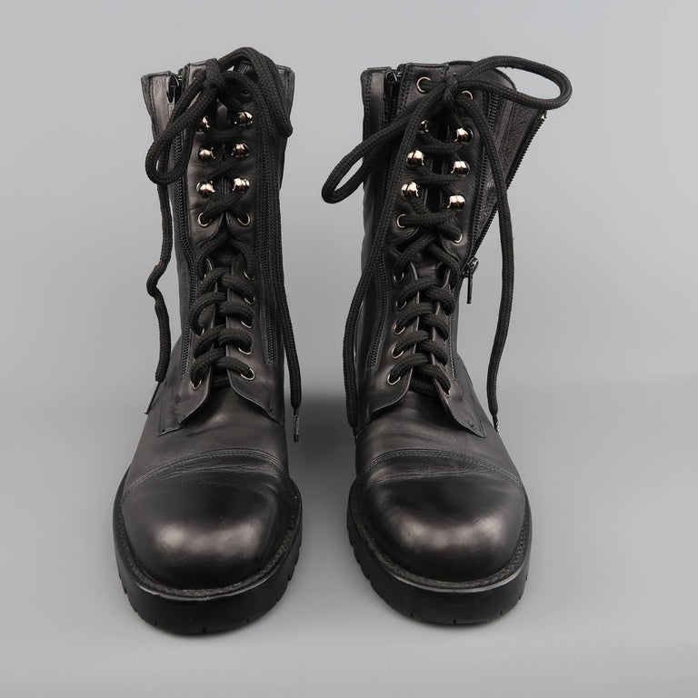 CHANEL Size 10 Quilted Black Leather Zip Lace Up Military Combat Boots ...