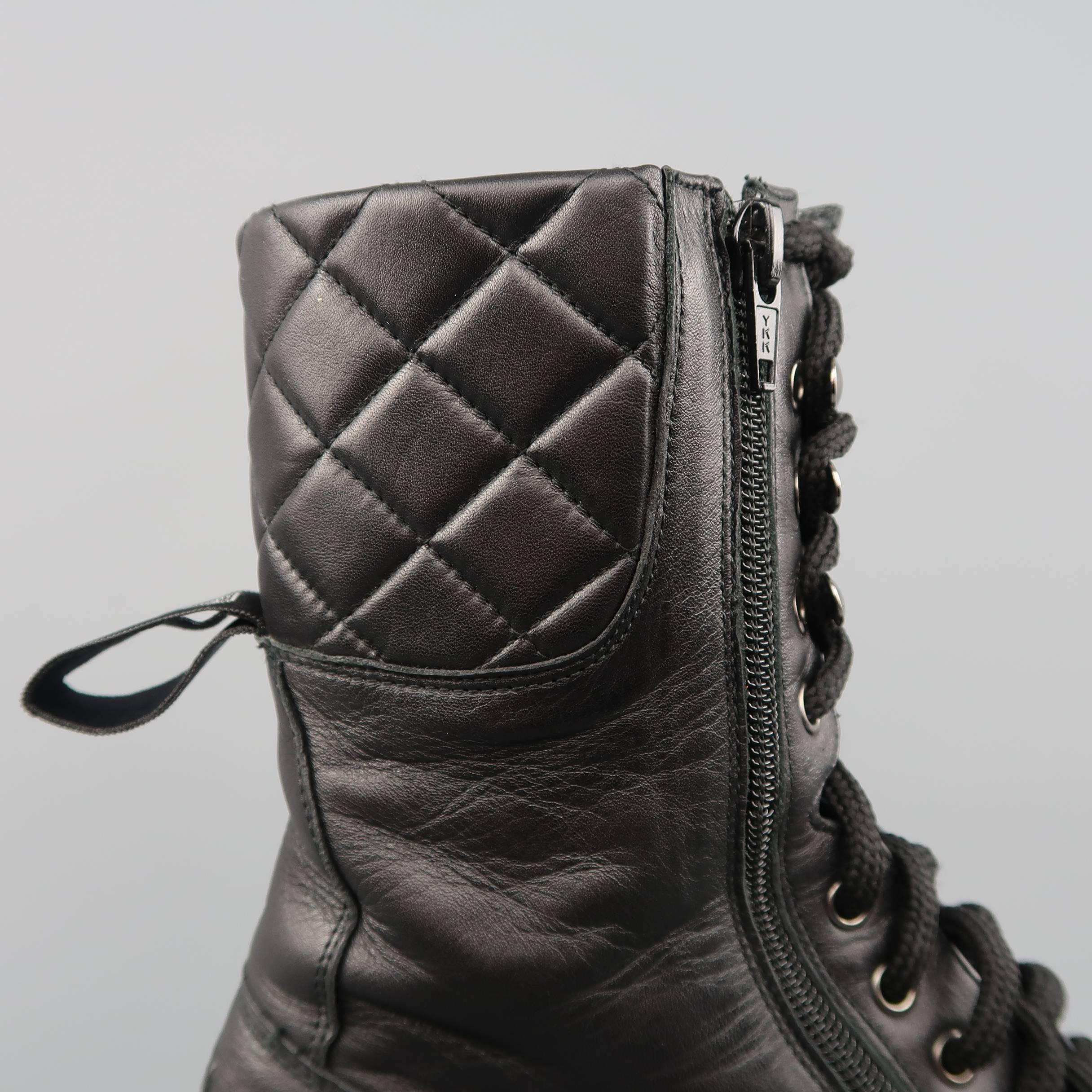CHANEL Size 10 Quilted Black Leather Zip Lace Up Military Combat Boots 1