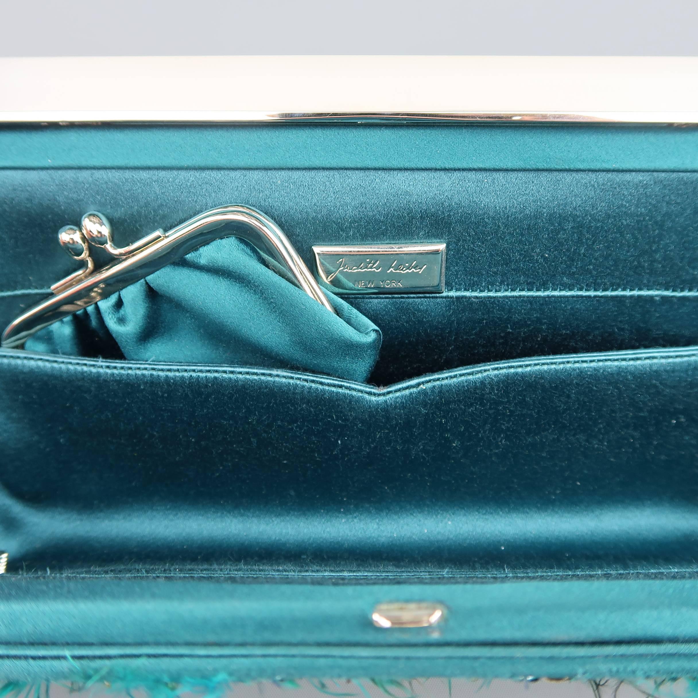 Judith Leiber Teal Peacock Feather and Sequin Silk Crystal Handle Clutch 2