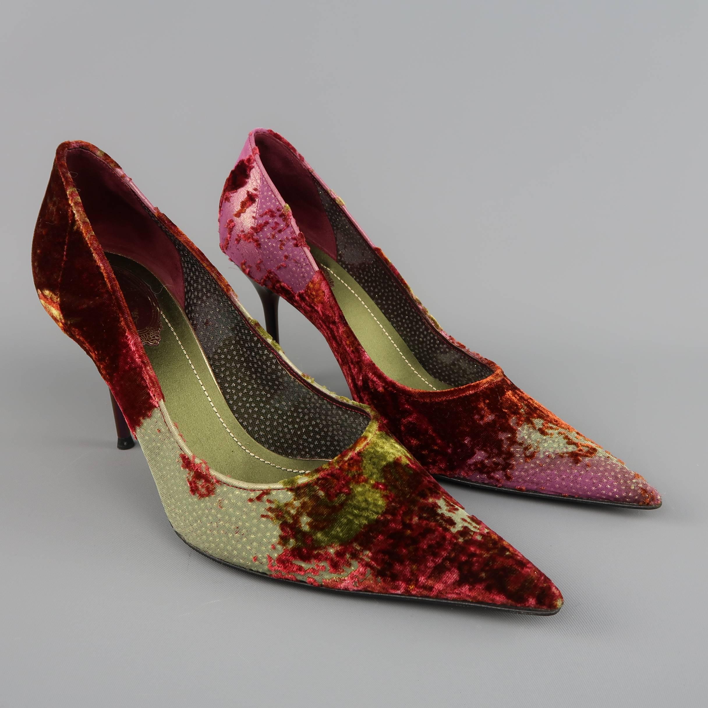 Women's RENE CAOVILLA Size 10 Burgundy & Green Silk Burnout Velvet Pointed Toe Pumps