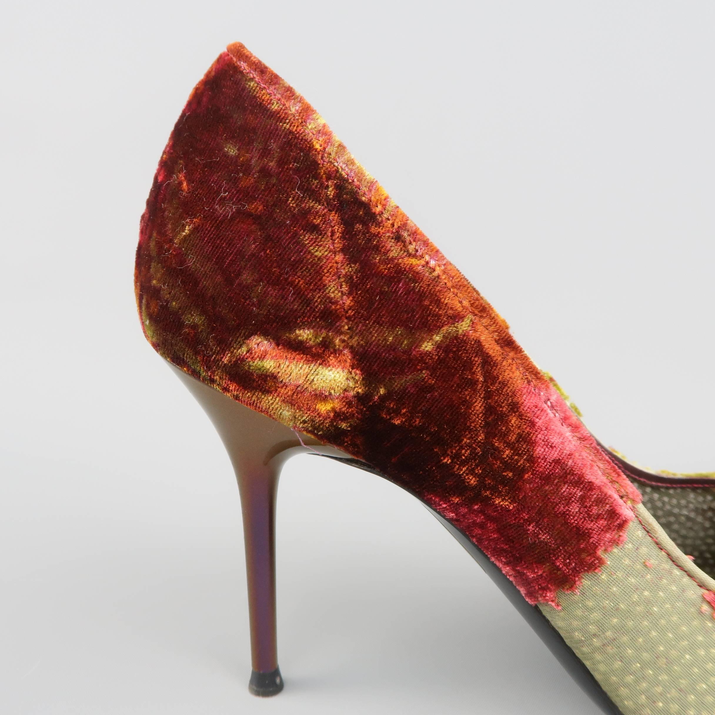 Red RENE CAOVILLA Size 10 Burgundy & Green Silk Burnout Velvet Pointed Toe Pumps