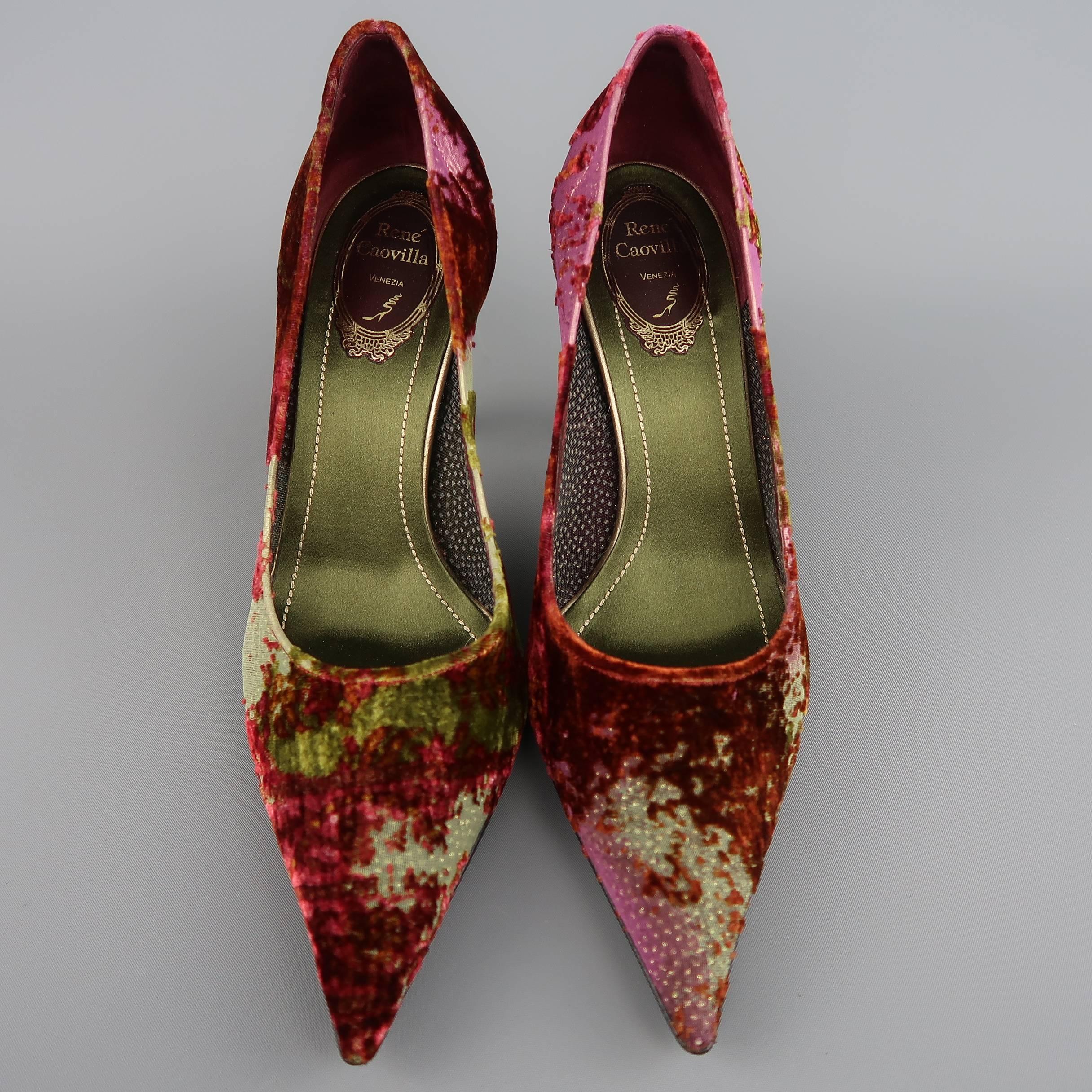 RENE CAOVILLA Size 10 Burgundy & Green Silk Burnout Velvet Pointed Toe Pumps 2