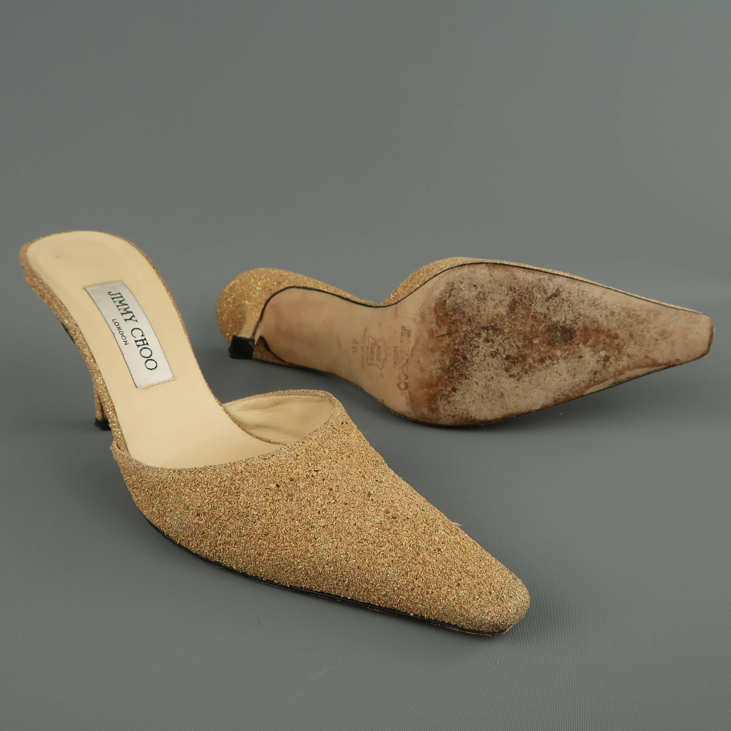Brown JIMMY CHOO Size 10 Gold Glitter Cork Textured Leather Mule