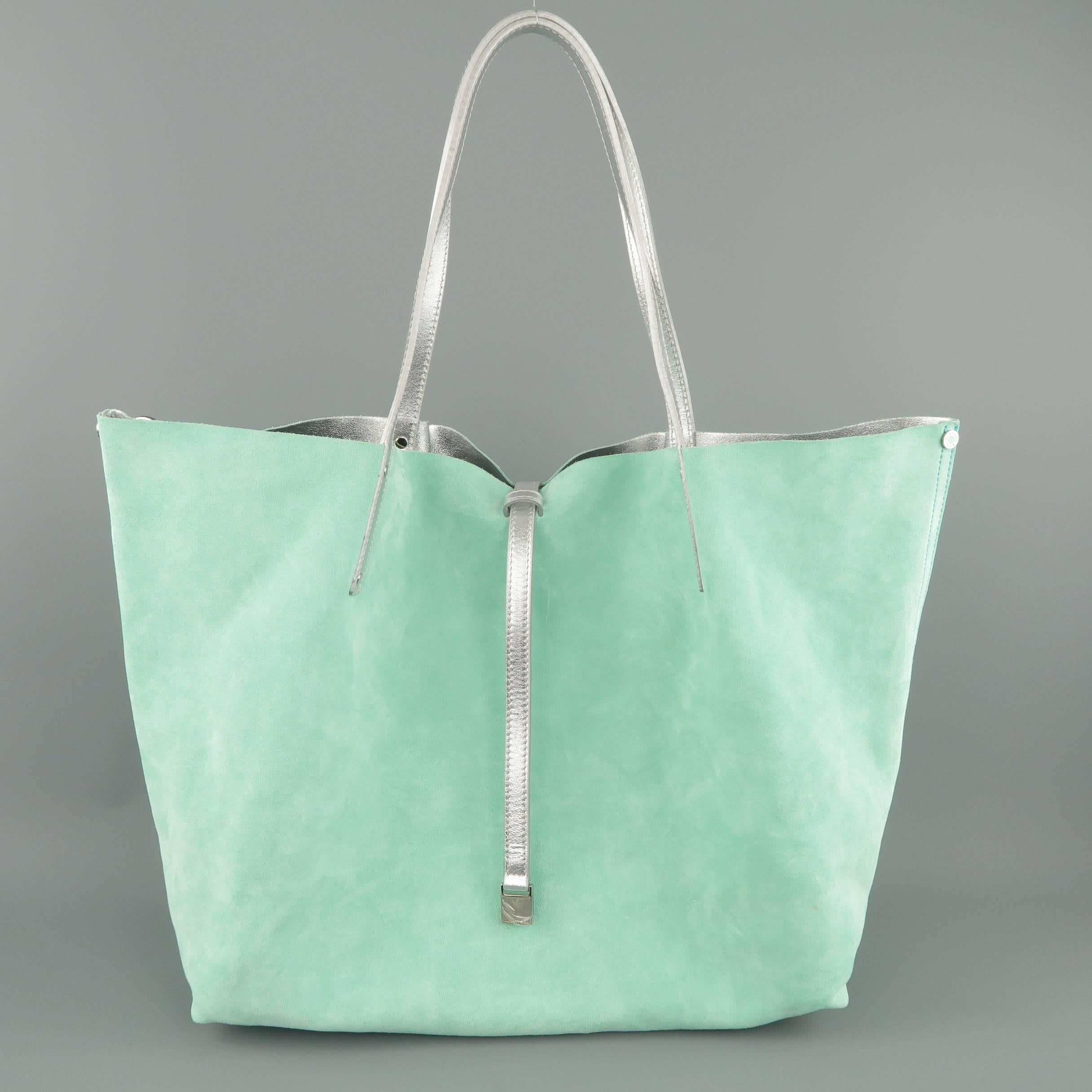 TIFFANY & CO. Metallic Silver Leather & Blue Suede Reversible Shopper Tote Bag 2