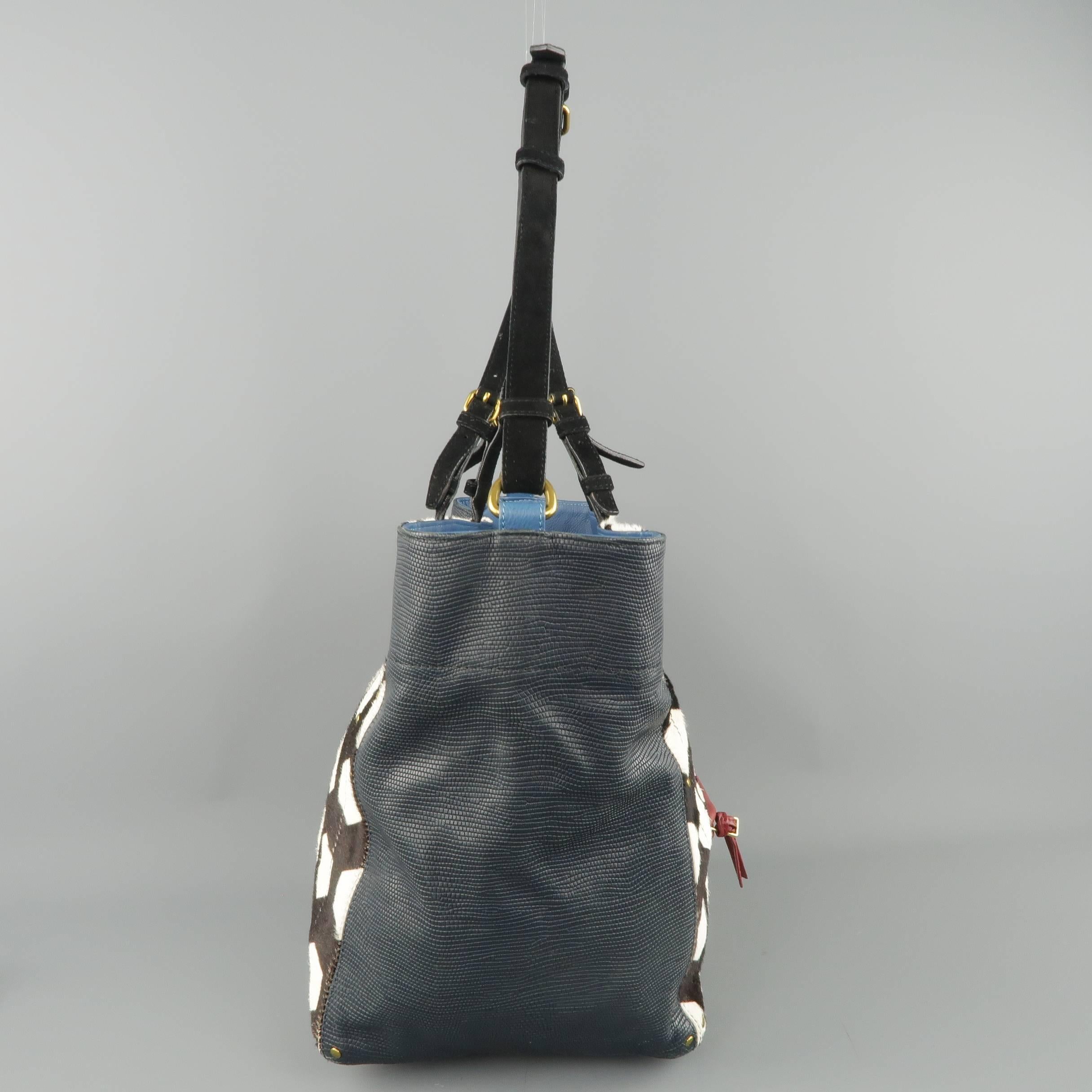 Black JEROME DREYFUSS x JACQUES Blue Lizard & Printed Ponyhair Tote Handbag