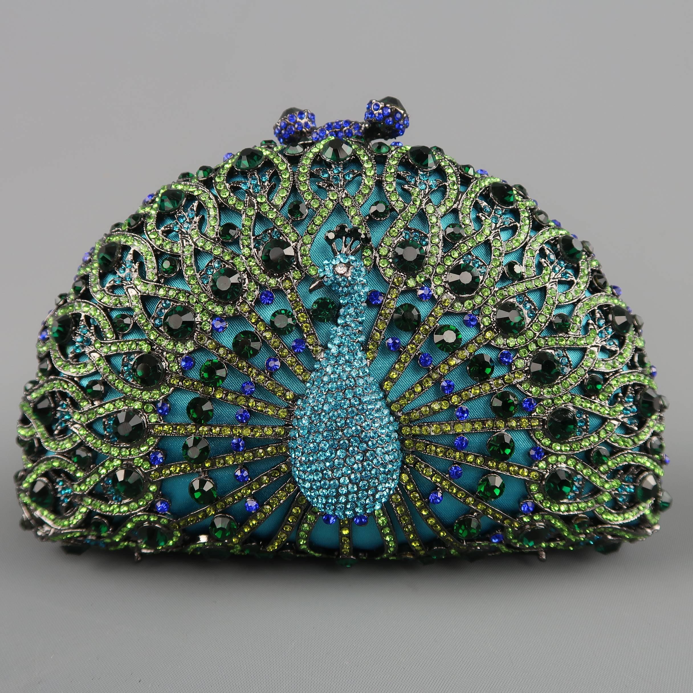Black LUXMOB Turquoise Rhinestone Peacock Evening Clutch Handbag