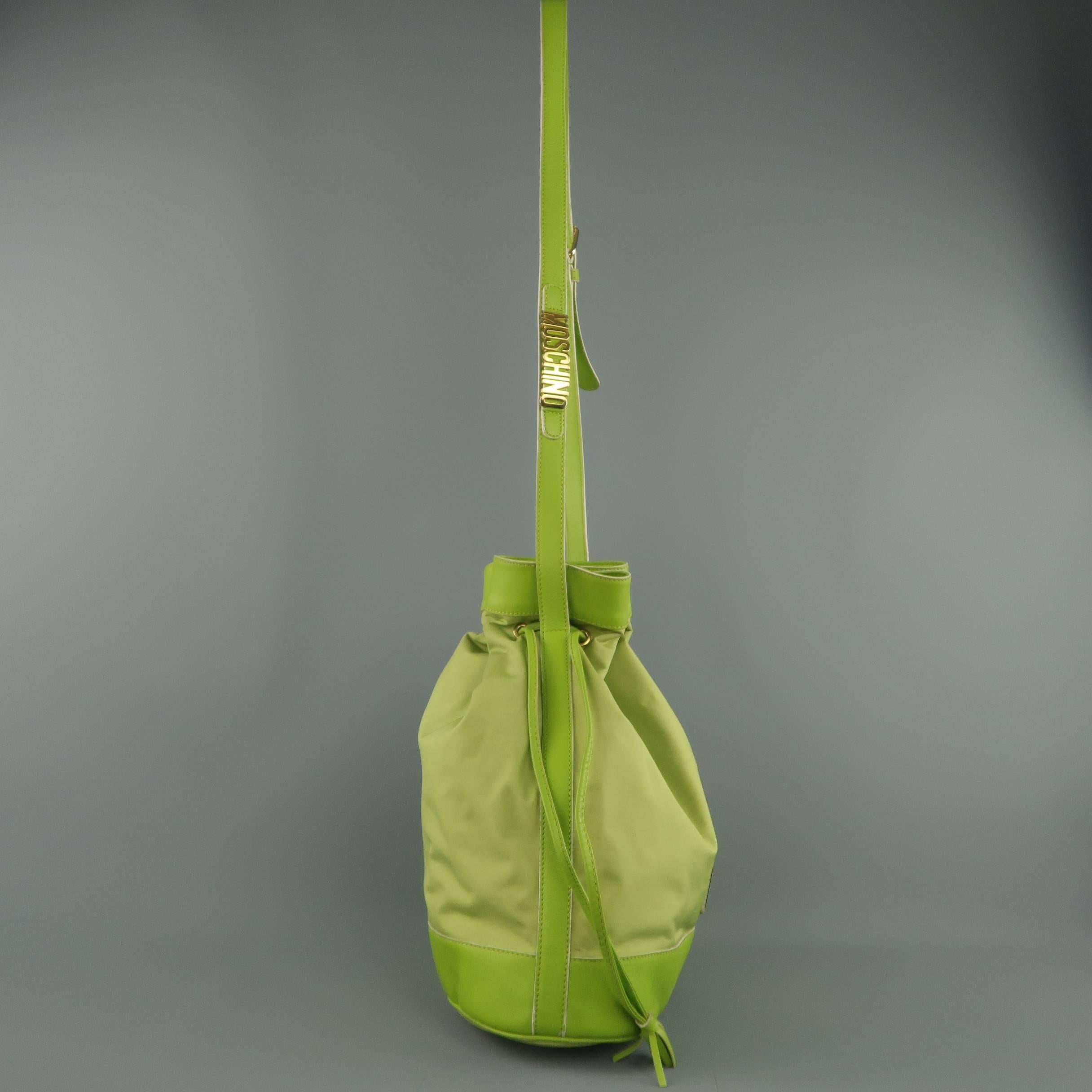 Vintage 1990s MOSCHINO Green Canvas Drawstring Bucket Handbag 1