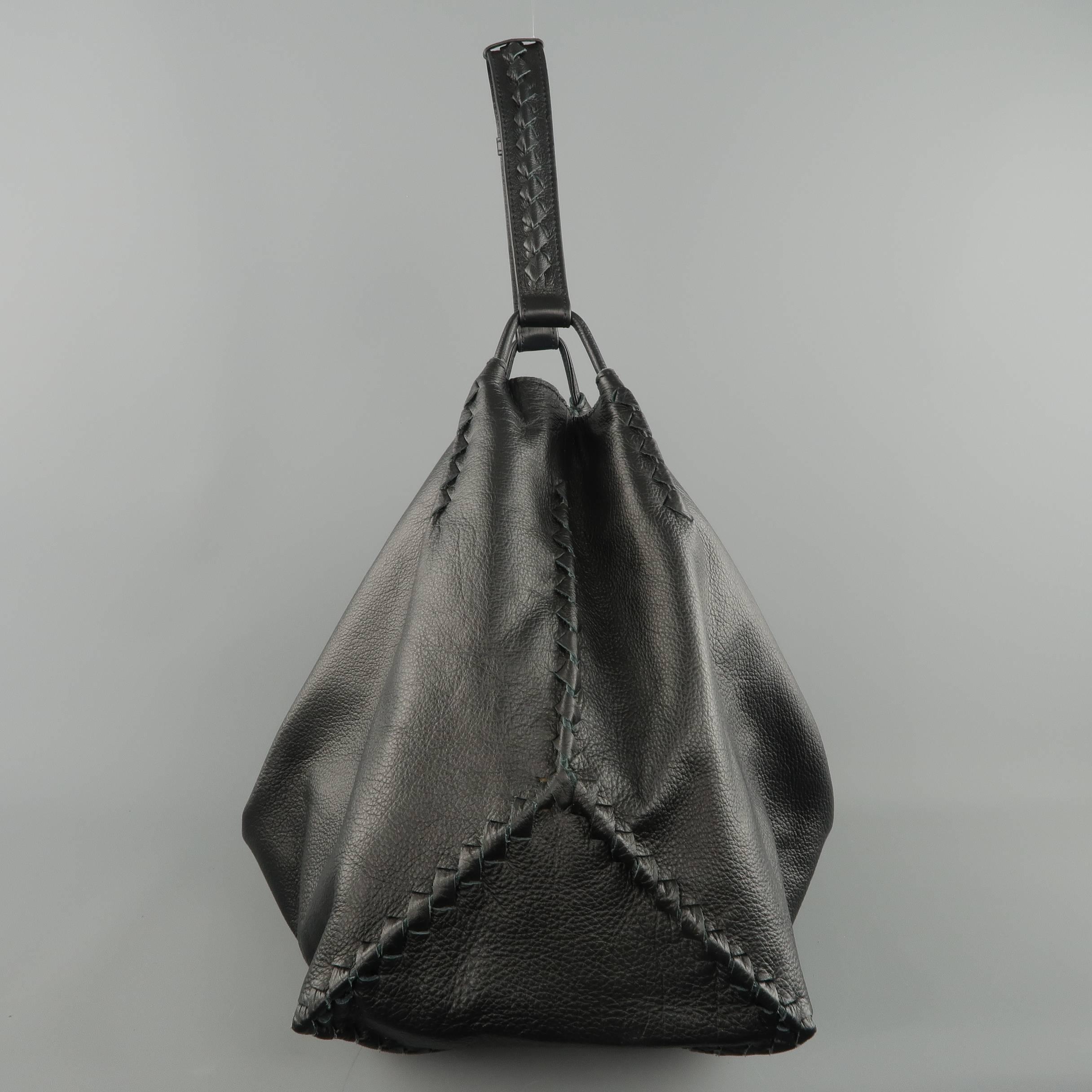 BOTTEGA VENETA Handbag Black Deer Skin Leather Intrecciato Hobo Bag Retail $2050 In Excellent Condition In San Francisco, CA