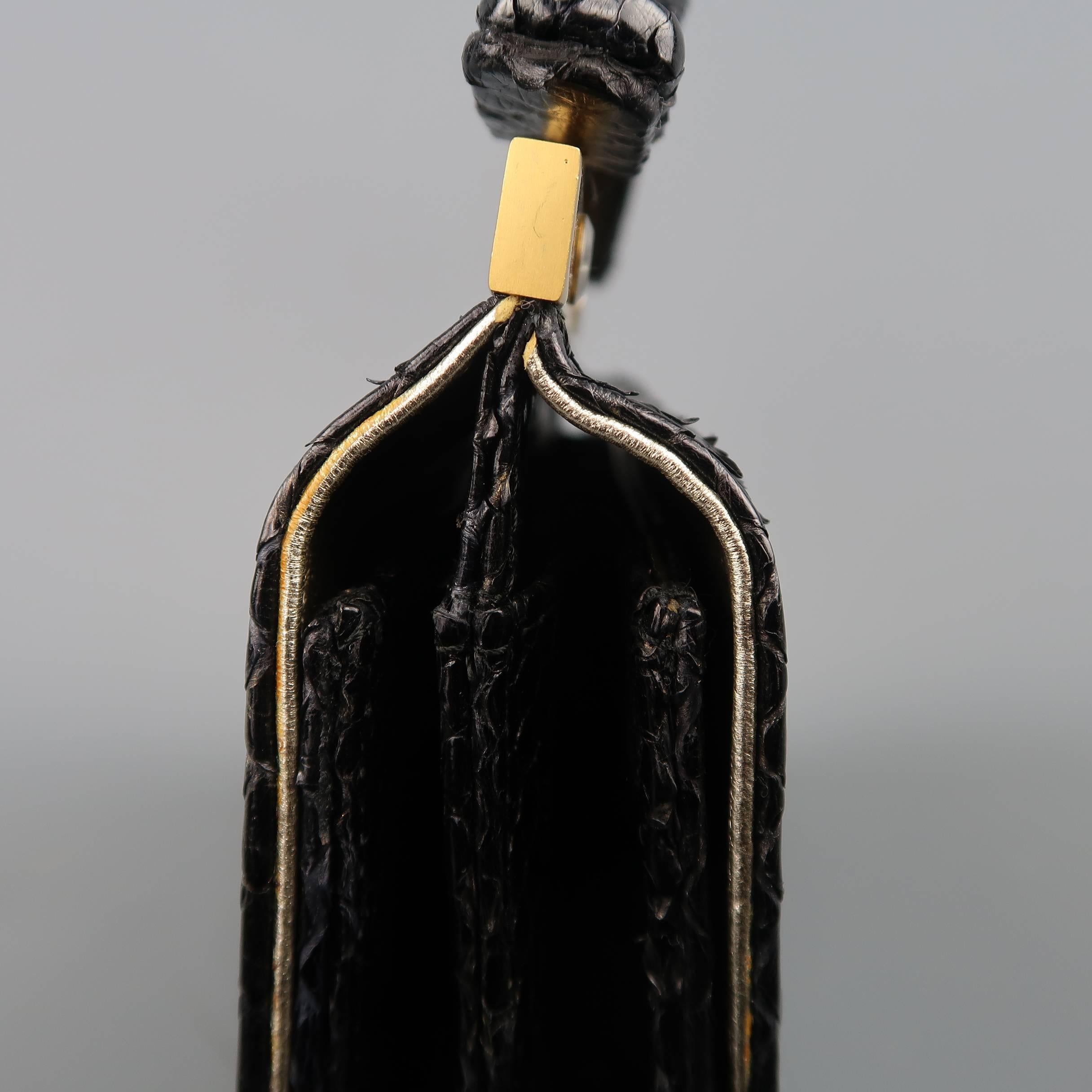 Leu Locati Vintage Black Snake Skin Leather Gold Metal Evening Handbag In Good Condition In San Francisco, CA