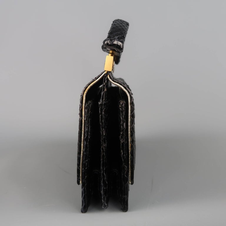 Leu Locati Vintage Black Snake Skin Leather Gold Metal Evening Handbag For Sale 1