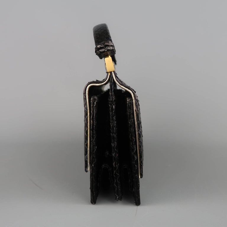 Leu Locati Vintage Black Snake Skin Leather Gold Metal Evening Handbag In Good Condition For Sale In San Francisco, CA