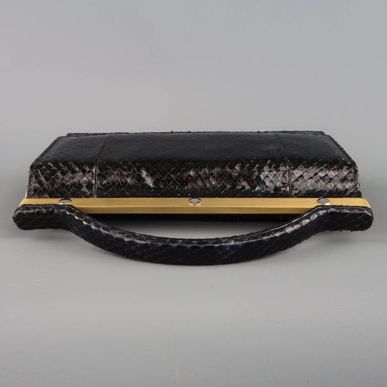 Leu Locati Vintage Black Snake Skin Leather Gold Metal Evening Handbag For Sale 4