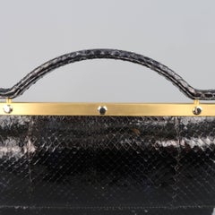Leu Locati Vintage Black Snake Skin Leather Gold Metal Evening Handbag