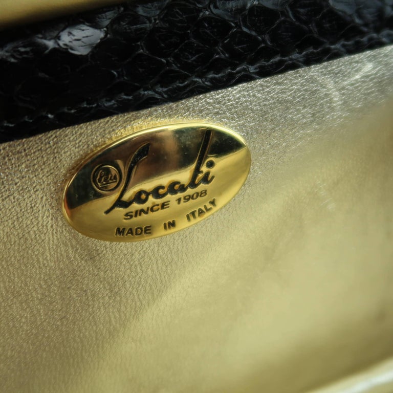 Leu Locati Vintage Black Snake Skin Leather Gold Metal Evening Handbag For Sale 6