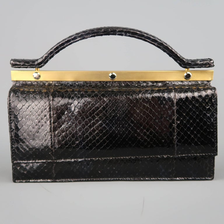 Women's Leu Locati Vintage Black Snake Skin Leather Gold Metal Evening Handbag For Sale