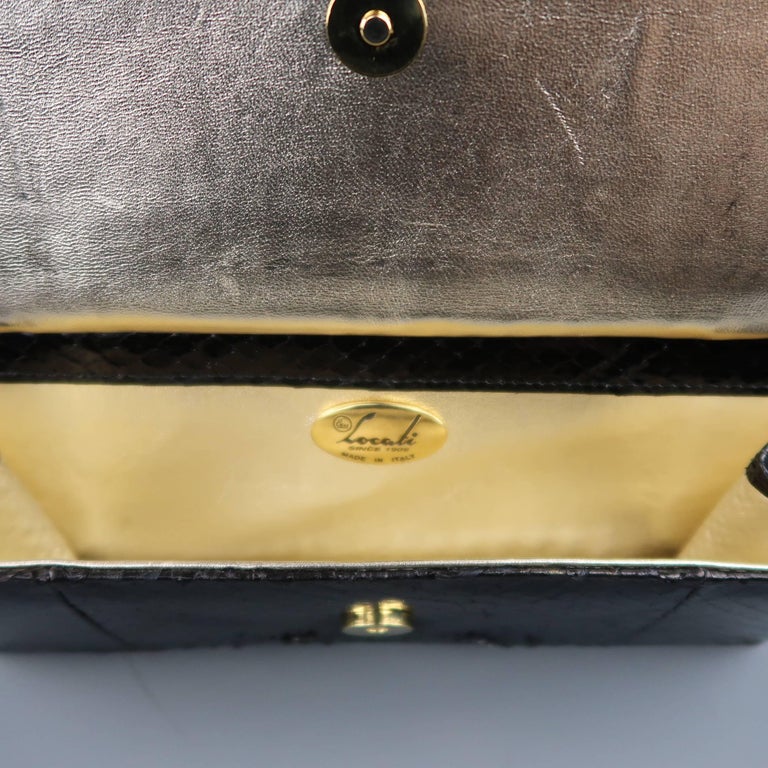 Leu Locati Vintage Black Snake Skin Leather Gold Metal Evening Handbag For Sale 5