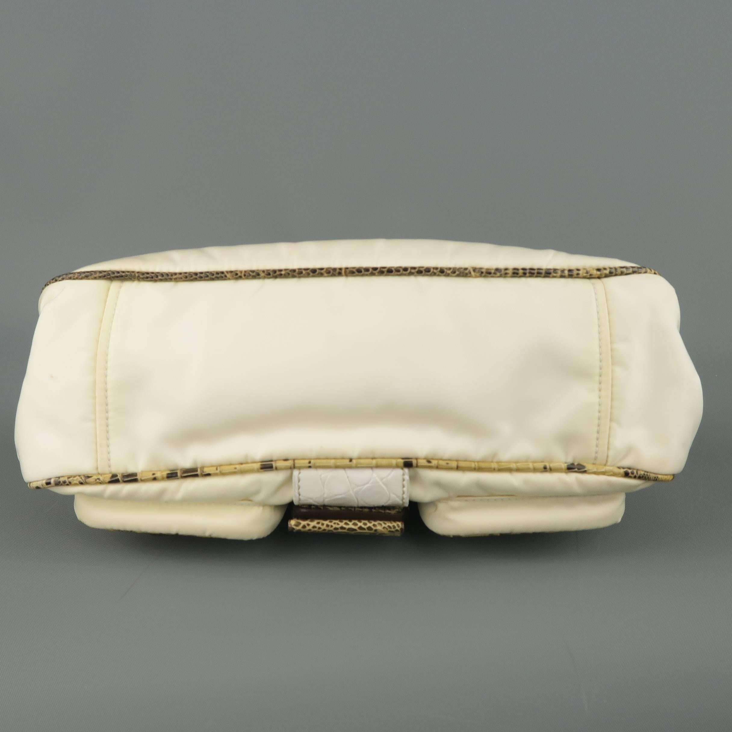 PRADA Cream Nylon & Lizard Leather Grommet Buckle Handbag 3