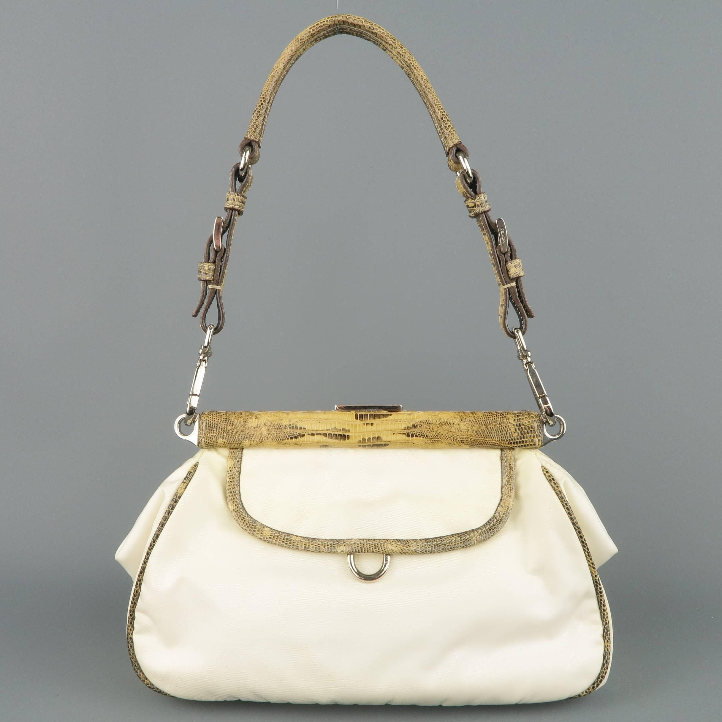 Women's PRADA Cream Nylon & Lizard Leather Grommet Buckle Handbag