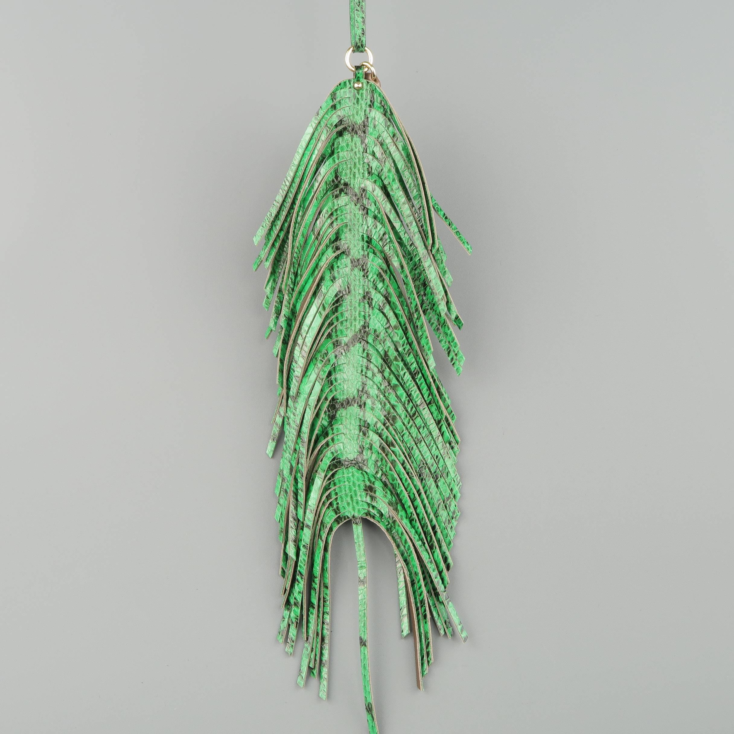 Jimmy Choo Green Snake Skin Leather Fringe Feather Key Chain  In New Condition In San Francisco, CA