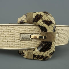 OSCAR DE LA RENTA Beige M Woven Raffia Snake Buckle Leather Belt