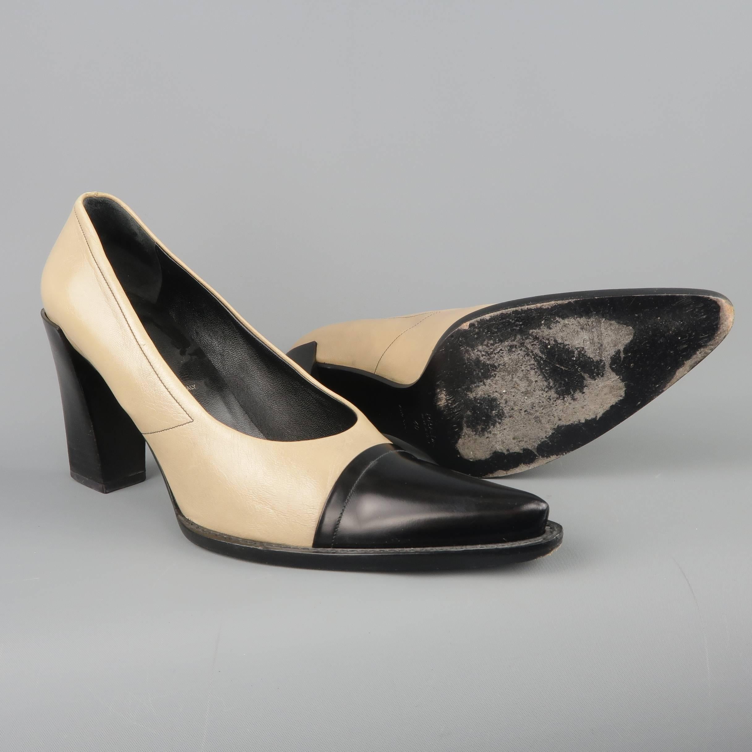 PRADA Size 10 Beige & Black Leather Cap Toe Pointed Toe Pumps In Good Condition In San Francisco, CA