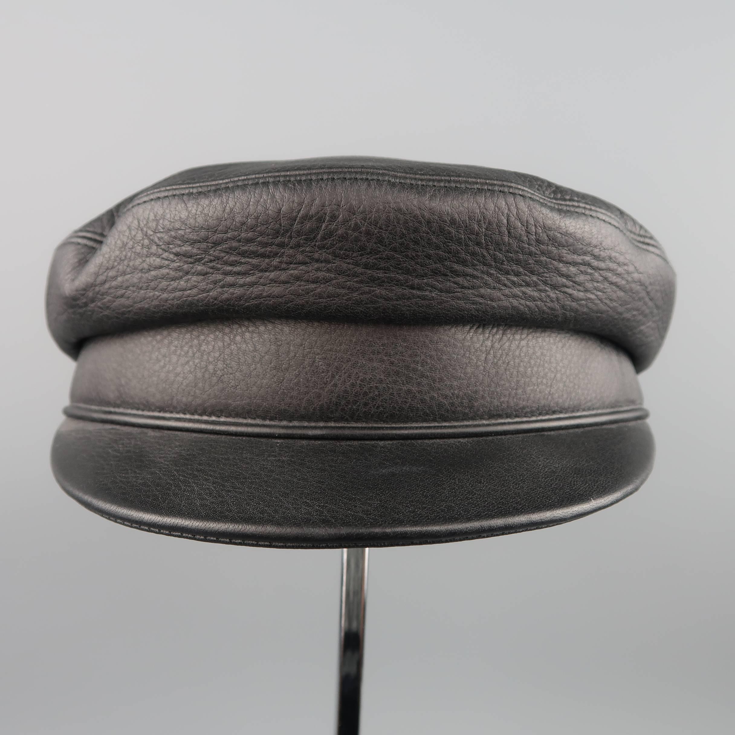 Women's or Men's Hermes Size 7 1/8 Black Deer Skin Leather Brimmed Biker Cap Hat