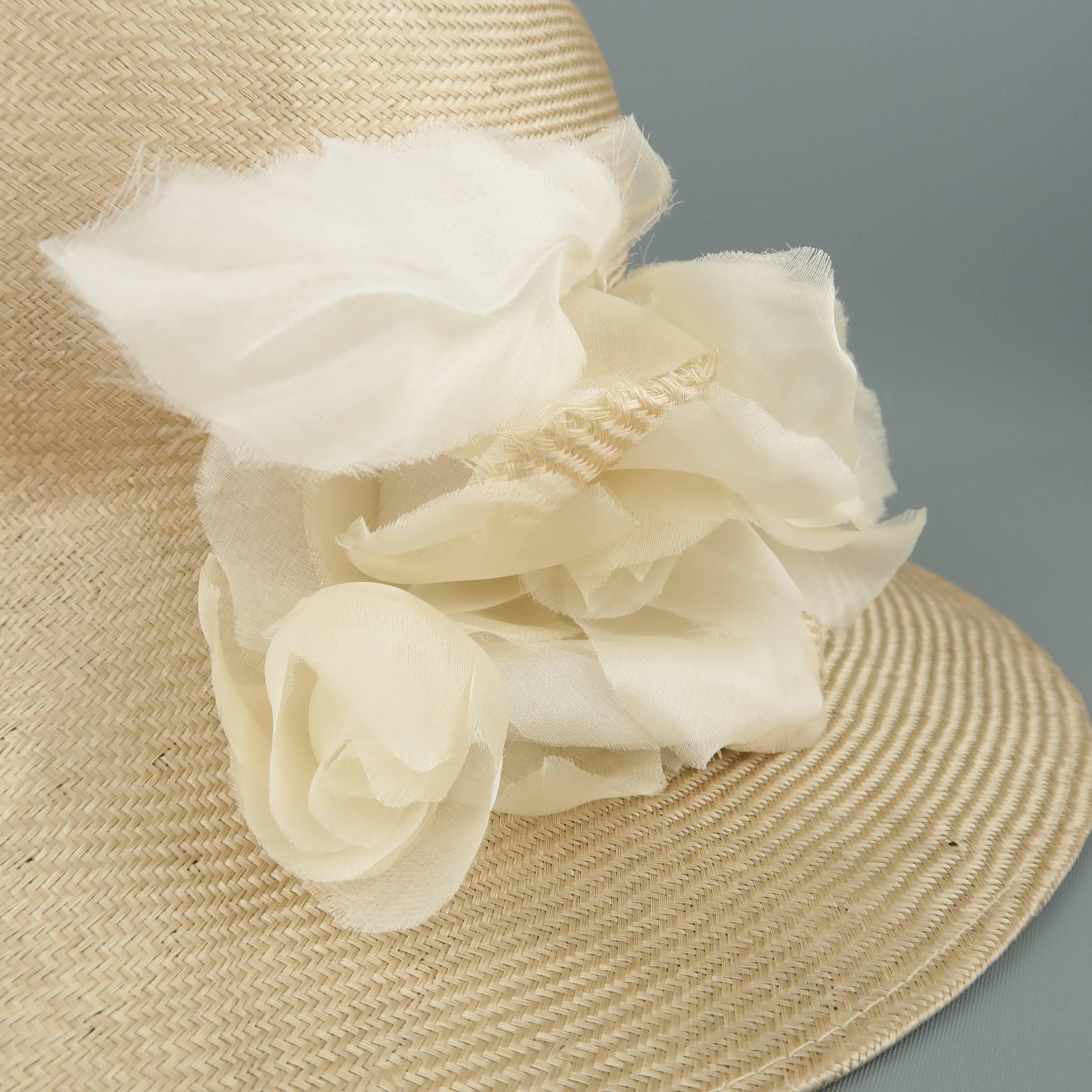GABRIELA LIGENZA Blonde Beige Cream Silk Organza Flower Straw Sun Hat In Good Condition In San Francisco, CA