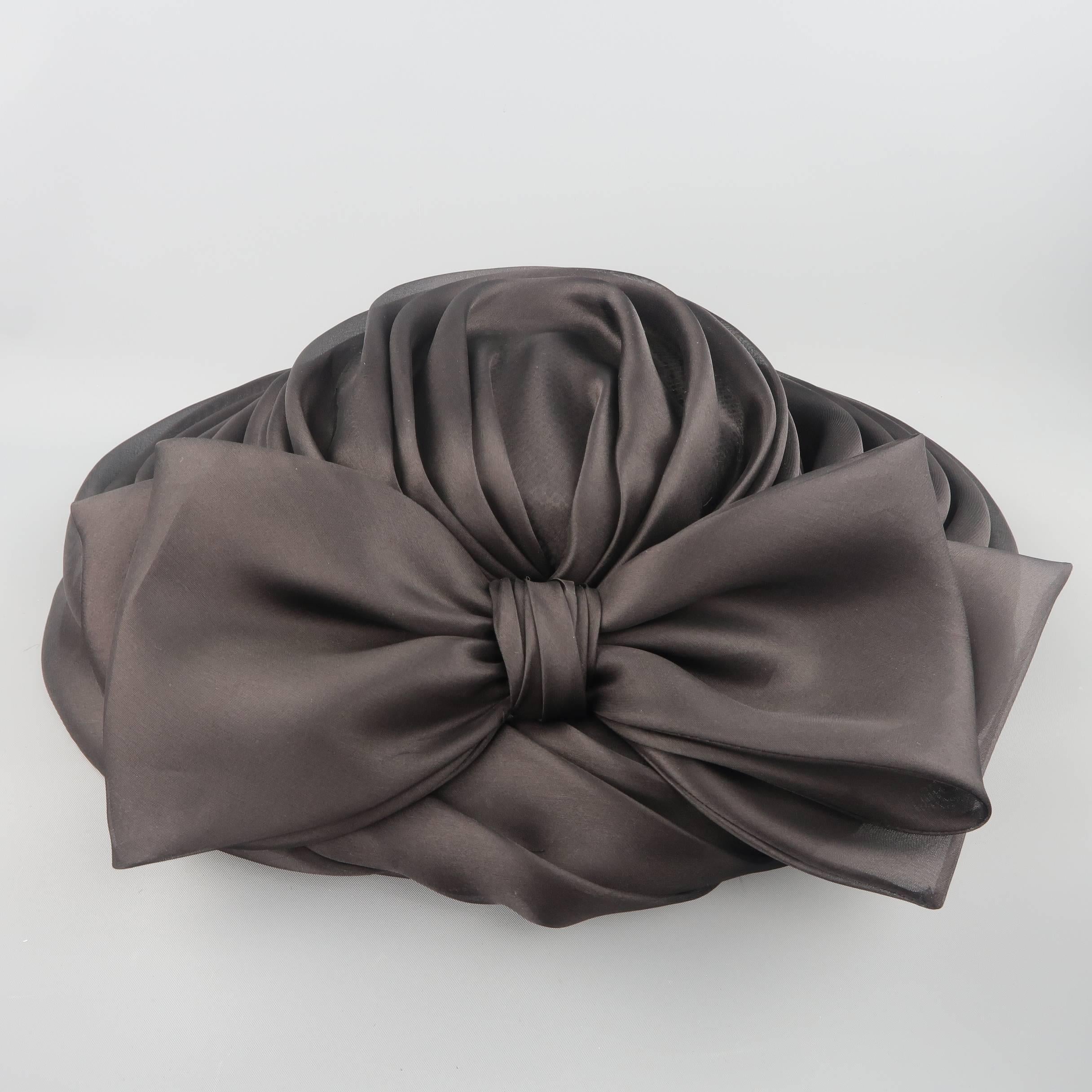 MARZI Black Pleated Silk Organza Oversized Bow Wide Brim Cocktail Hat 1