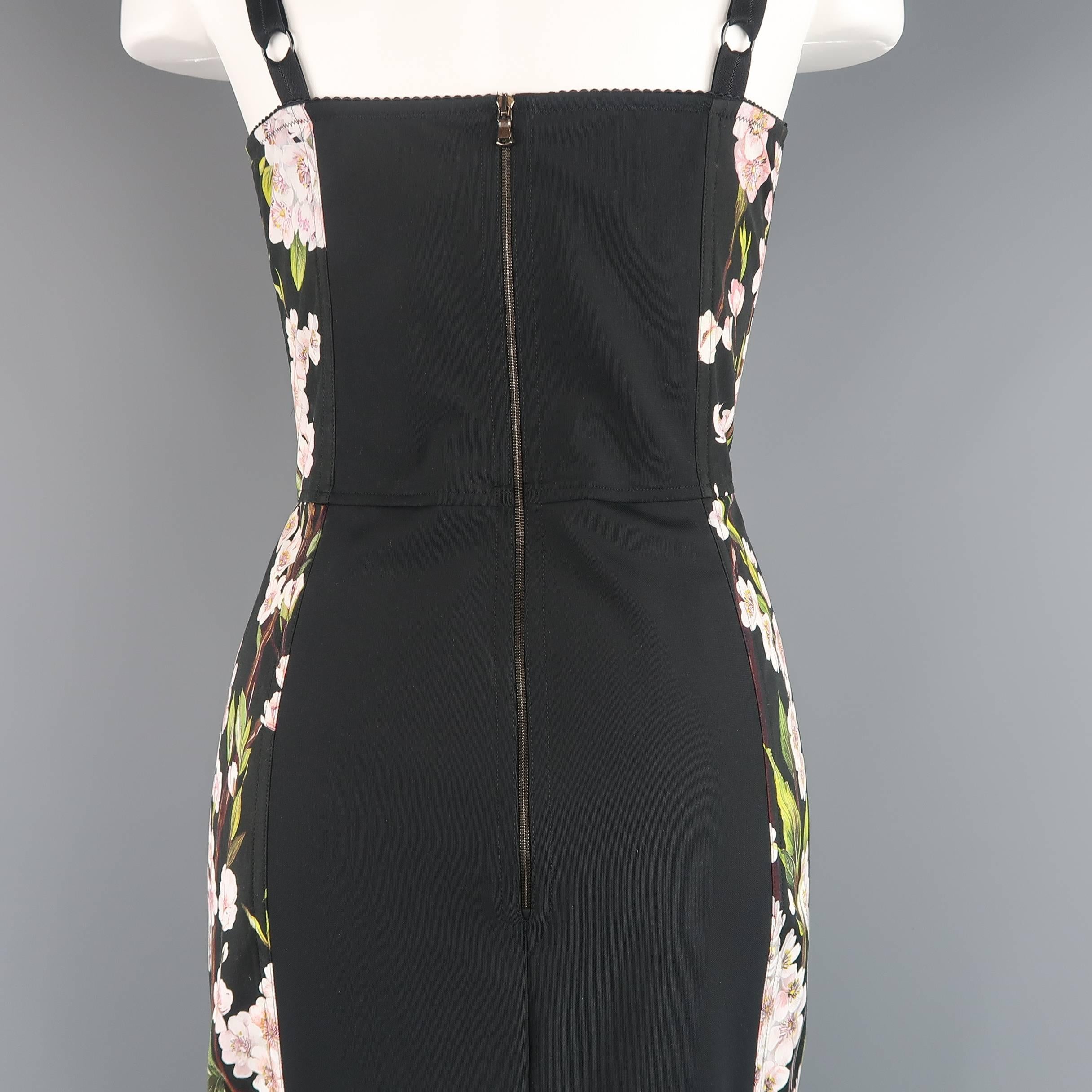 Women's Dolce & Gabbana Black Cherry Blossom Print Cotton Bustier Sheath Dress