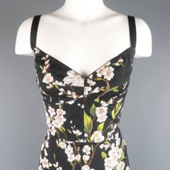 Dolce & Gabbana Black Cherry Blossom Print Cotton Bustier Sheath Dress
