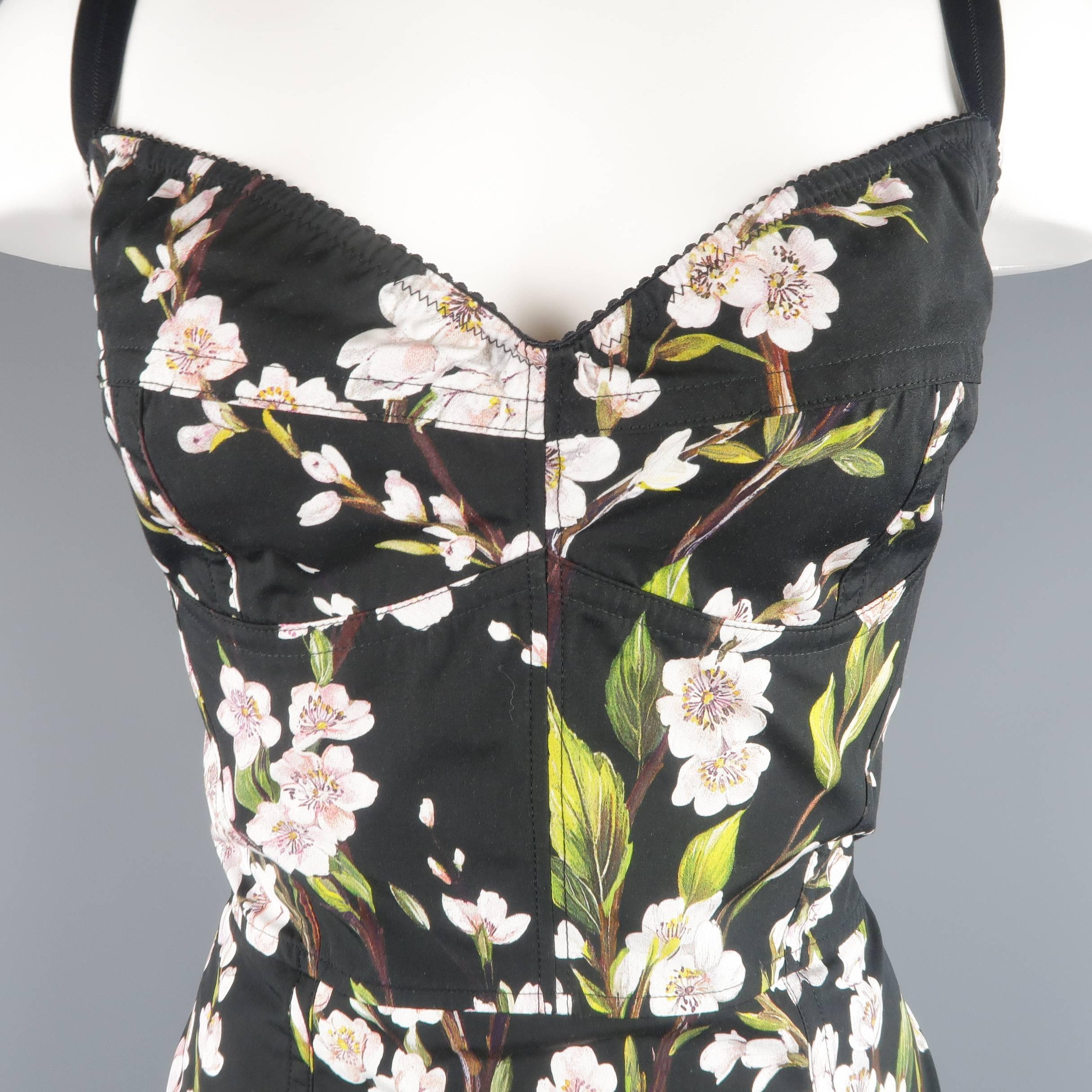 Dolce & Gabbana Black Cherry Blossom Print Cotton Bustier Sheath Dress