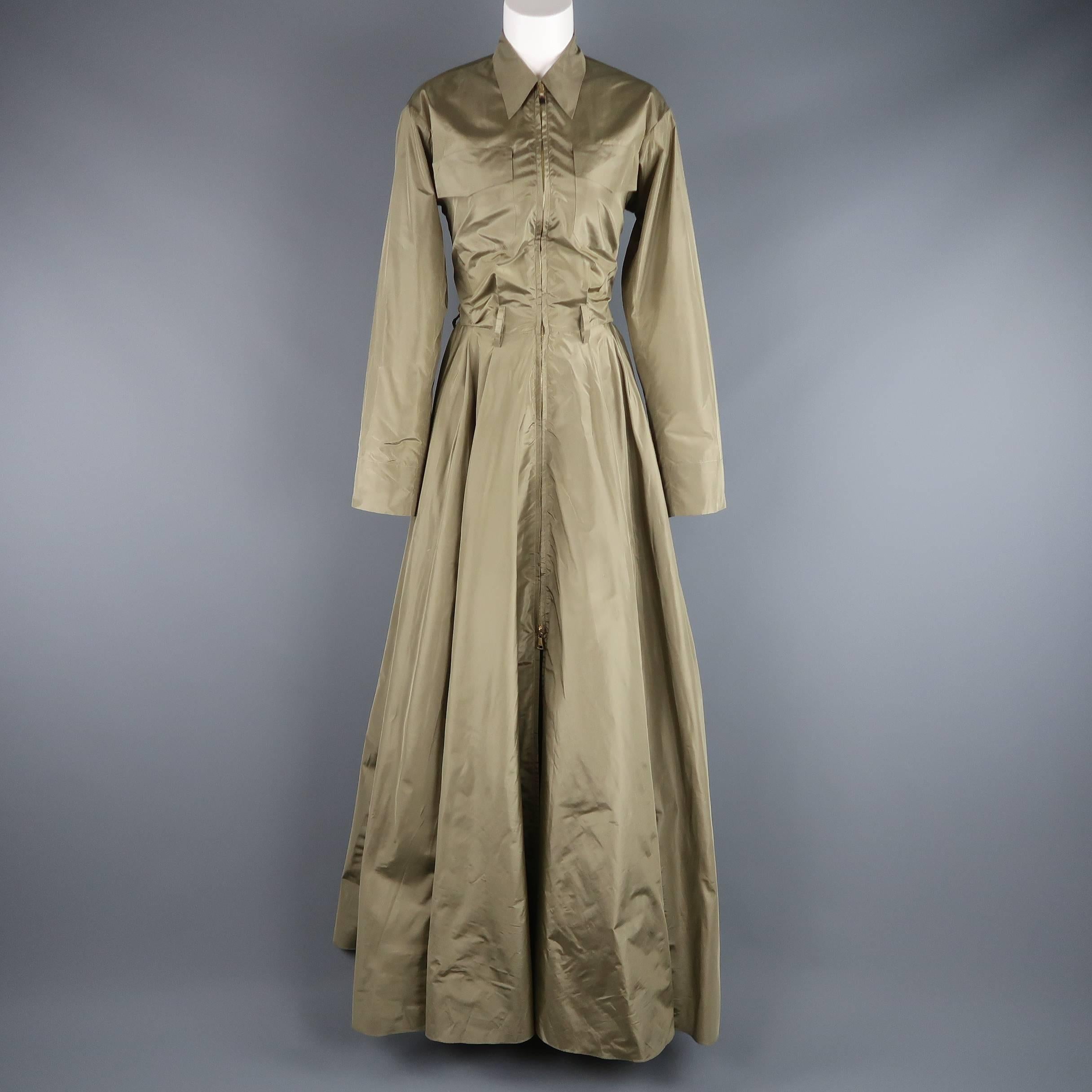 RALPH LAUREN COLLECTION Sahara evening gown comes in a light weight, muted olive green silk taffeta with a safari shirt top, zip front, belt looped waist with gathered stretch panel back, and full length parachute skirt with half slit front. Without