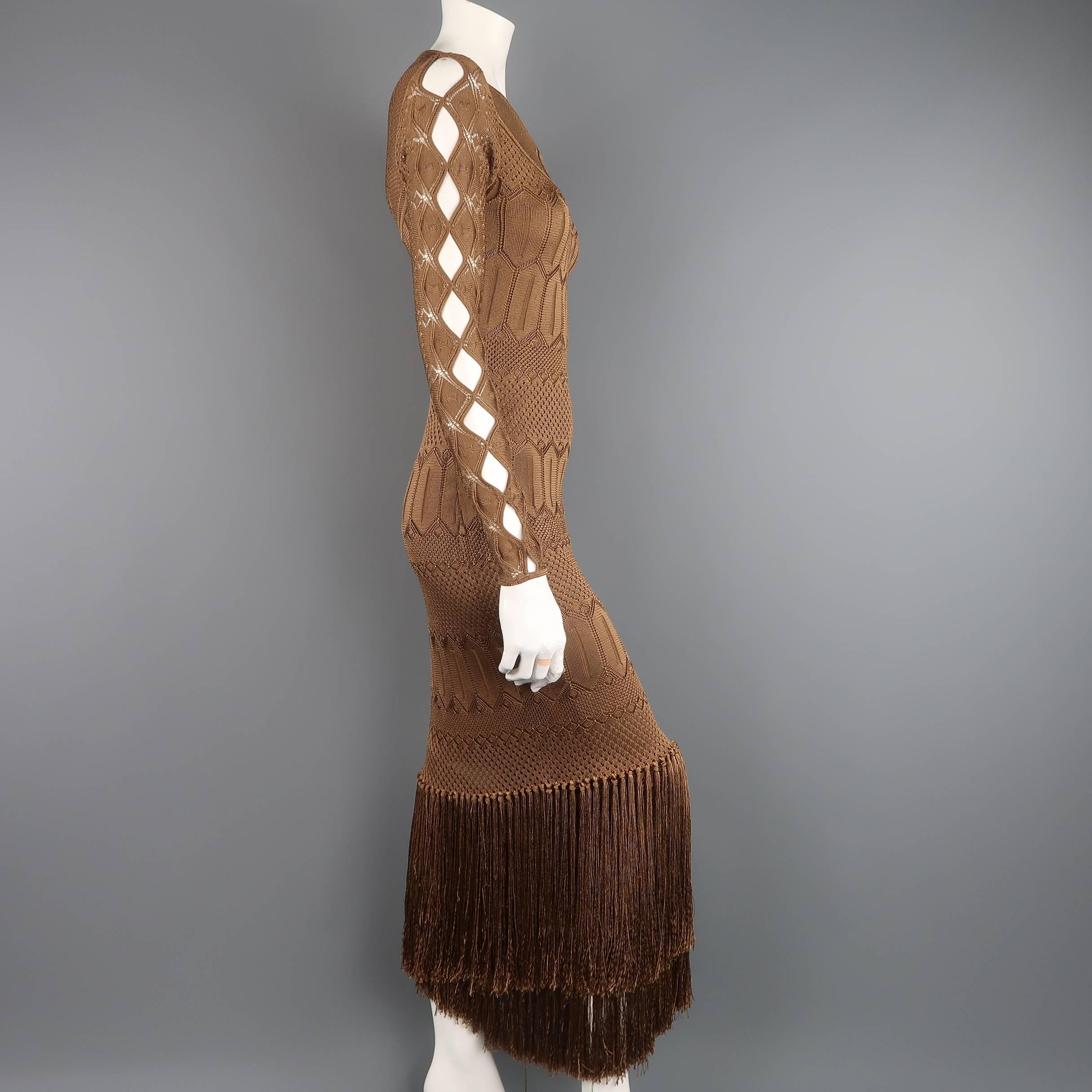 RALPH LAUREN Size M Light Brown Silk Knit Fringe Bodycon Cocktail Dress In Good Condition In San Francisco, CA