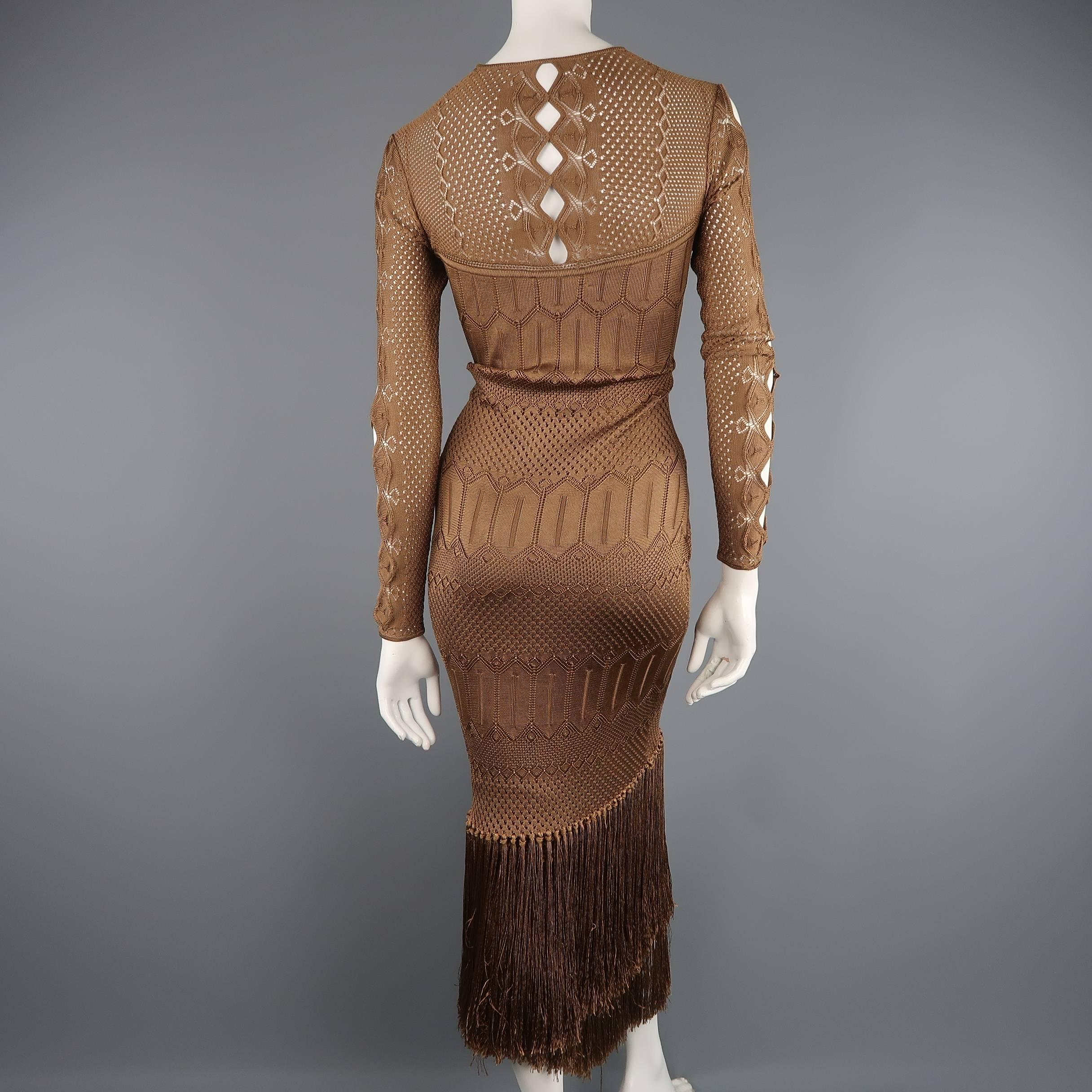 RALPH LAUREN Size M Light Brown Silk Knit Fringe Bodycon Cocktail Dress 2