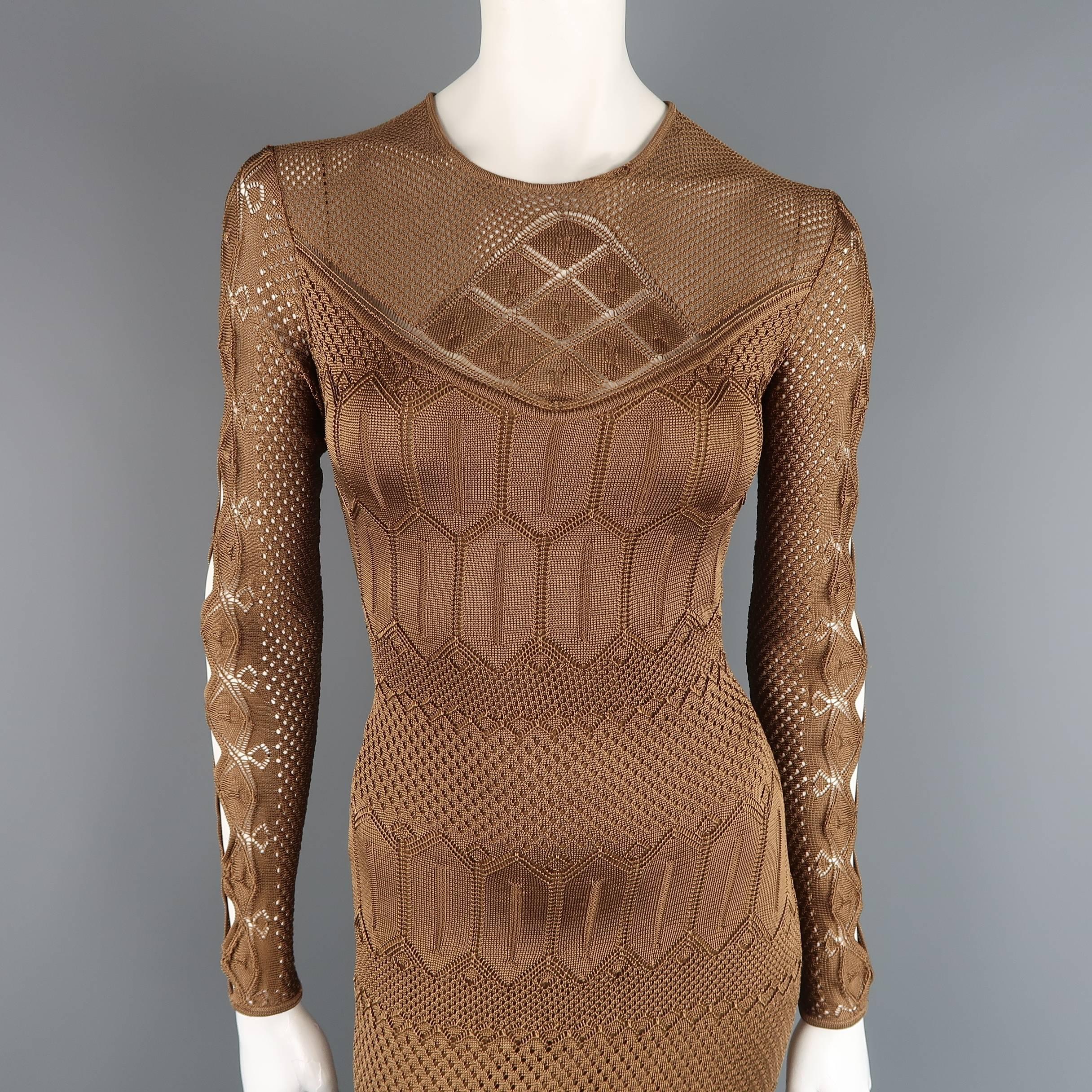RALPH LAUREN COLLECTION bodycon maxi dress comes in a light copper brown silk knit with a subtle sheen and features intricate pointelle mesh patterns throughout, long sleeves with cutouts, and long pencil skirt with two tiered tassel fringe hem.