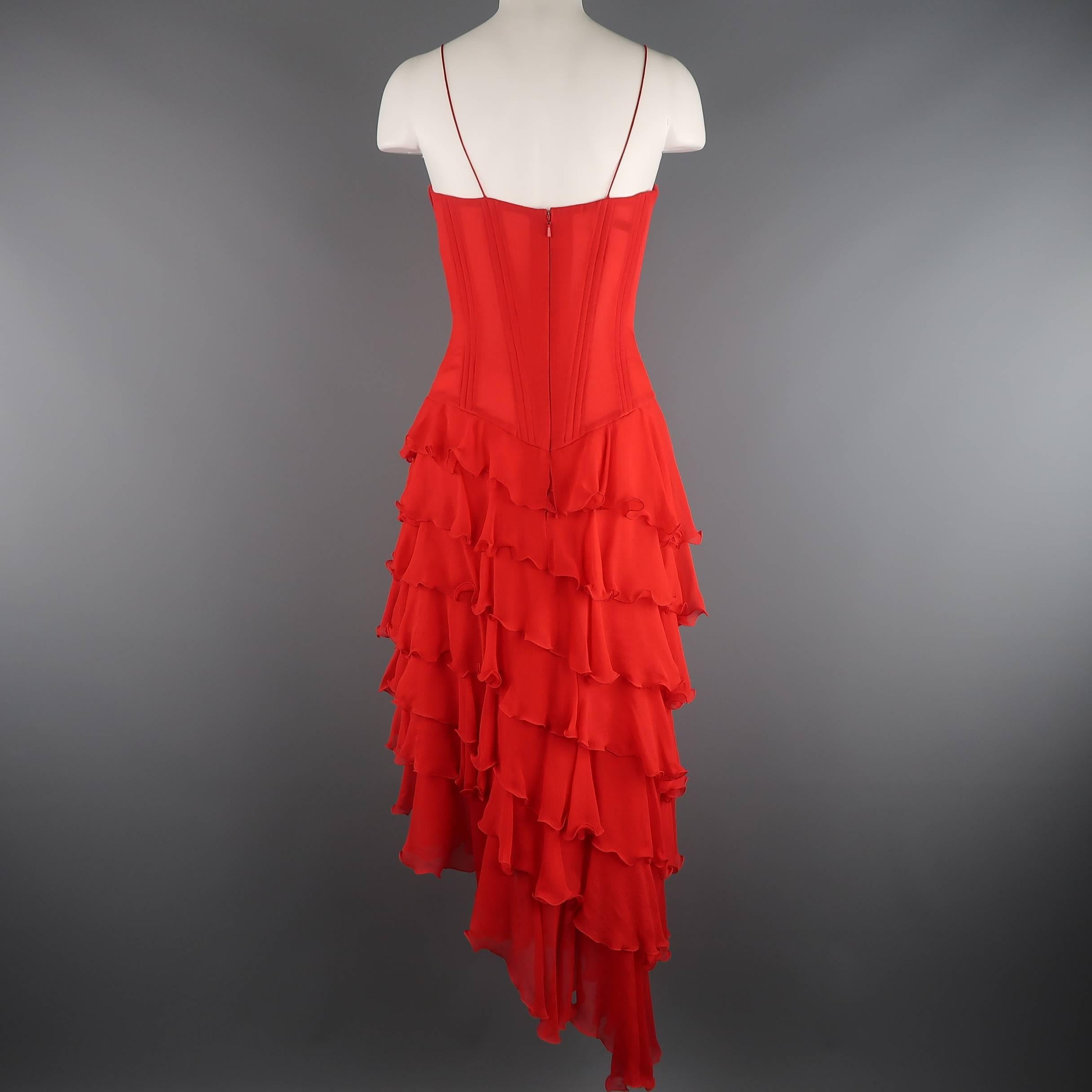 Vicky Tiel Couture Dress - Red Silk Chiffon Asymmetrical Ruffle Corset Cocktail 4