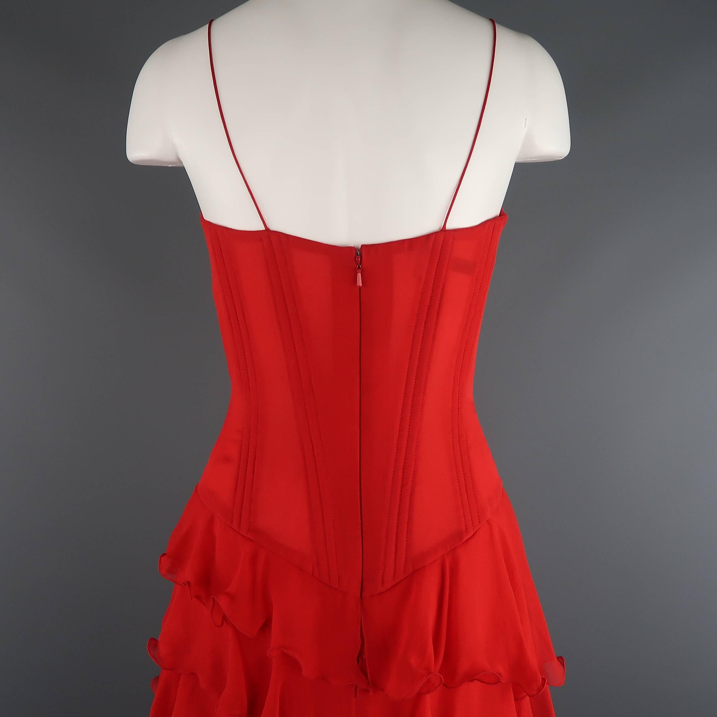 Vicky Tiel Couture Dress - Red Silk Chiffon Asymmetrical Ruffle Corset Cocktail 5