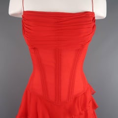 Vicky Tiel Couture Dress - Red Silk Chiffon Asymmetrical Ruffle Corset Cocktail