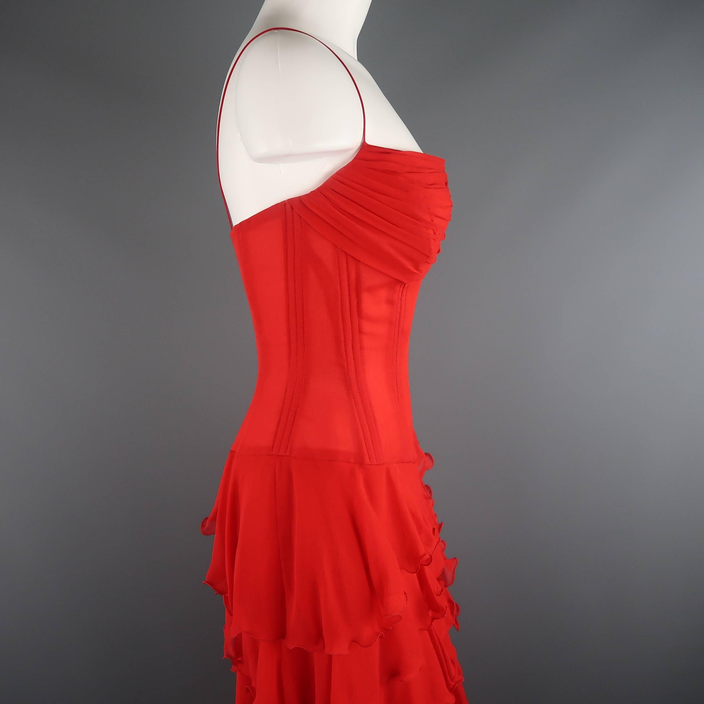 Vicky Tiel Couture Dress - Red Silk Chiffon Asymmetrical Ruffle Corset Cocktail 1