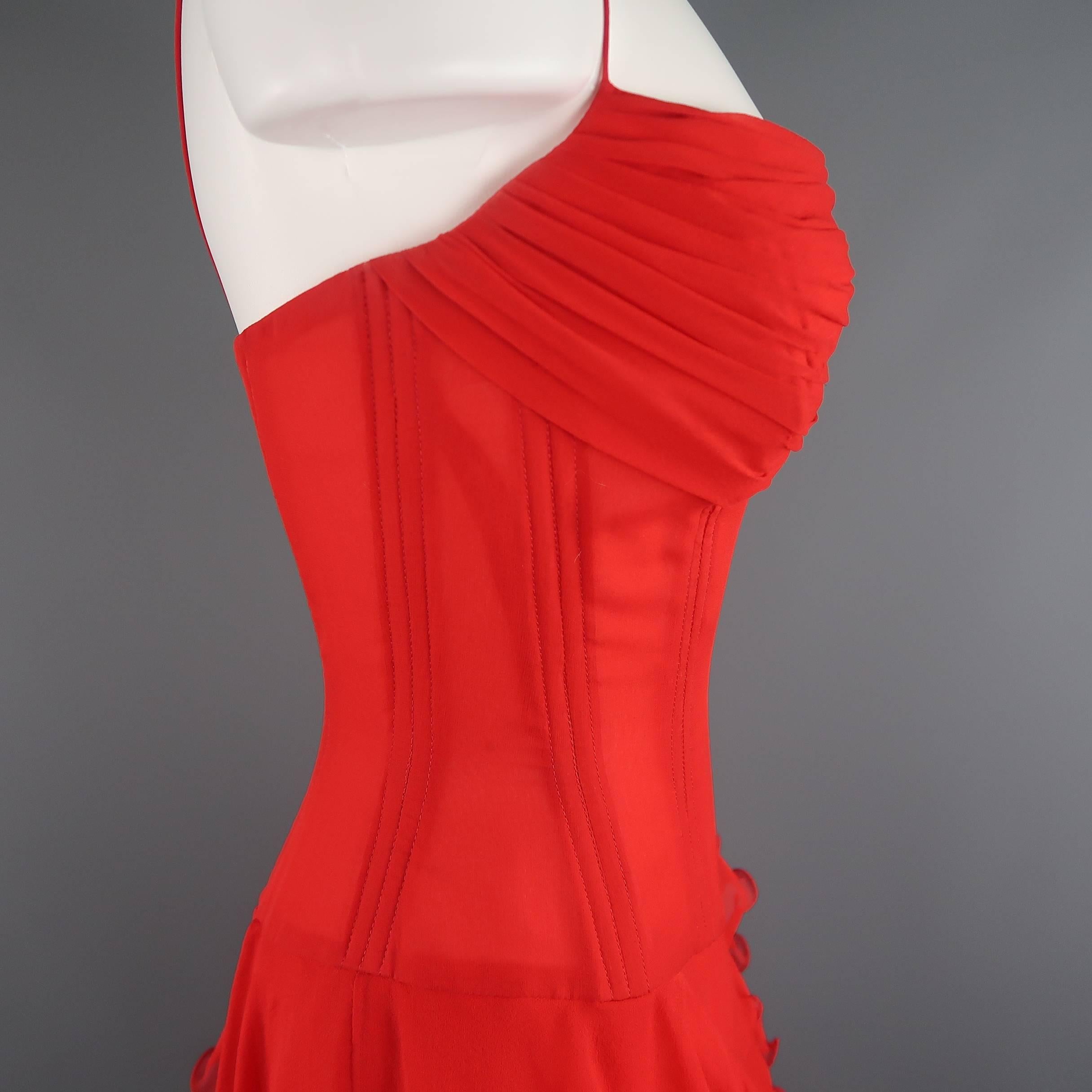 Vicky Tiel Couture Dress - Red Silk Chiffon Asymmetrical Ruffle Corset Cocktail 3