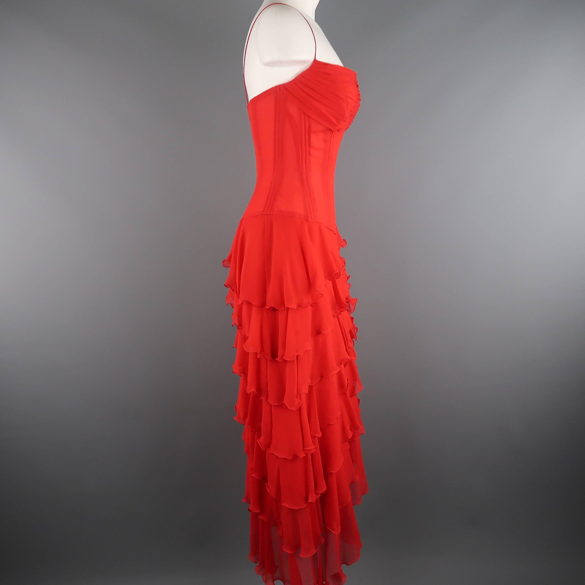 Vicky Tiel Couture Dress - Red Silk Chiffon Asymmetrical Ruffle Corset Cocktail 2