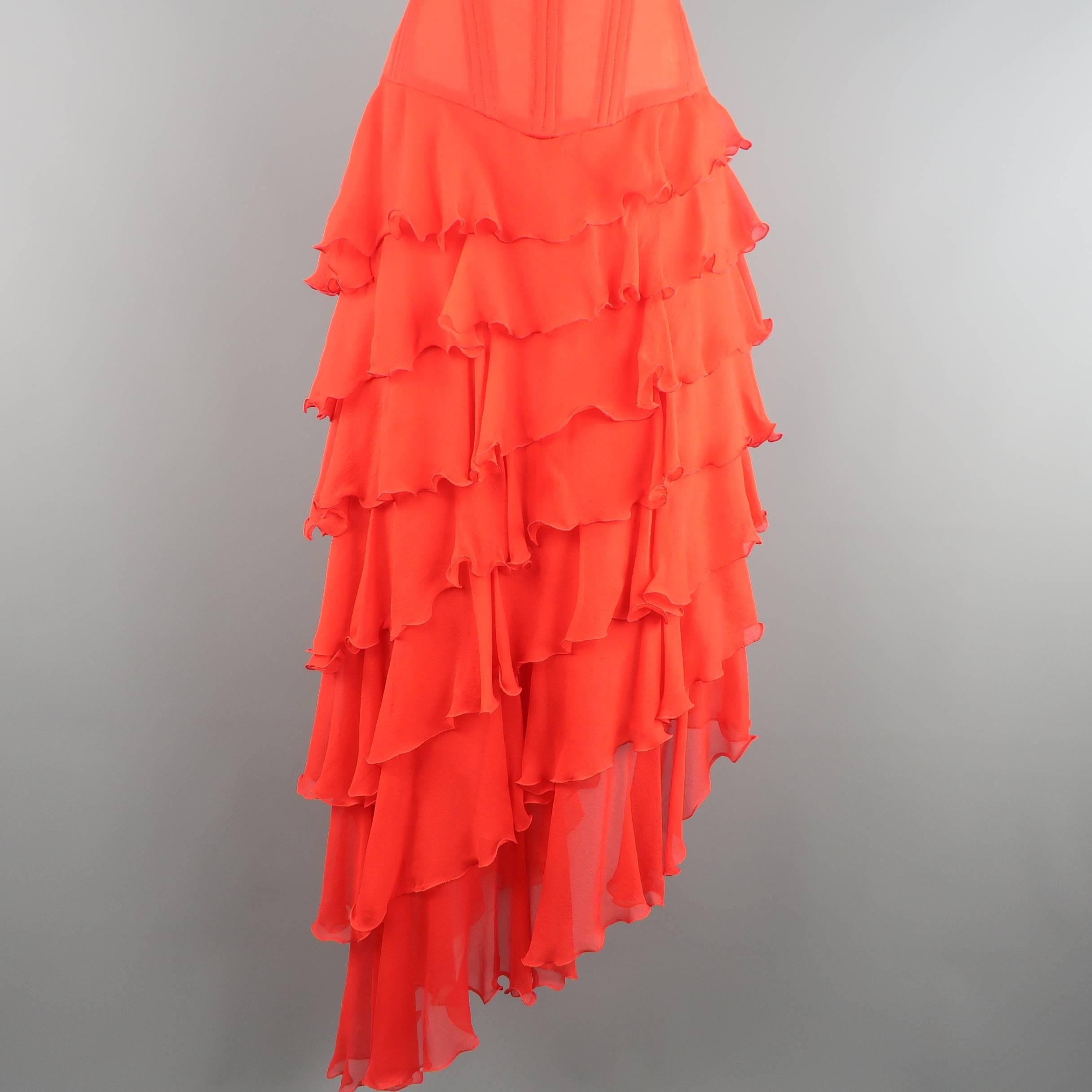 Vicky Tiel Couture Dress - Red Silk Chiffon Asymmetrical Ruffle Corset Cocktail In Good Condition In San Francisco, CA