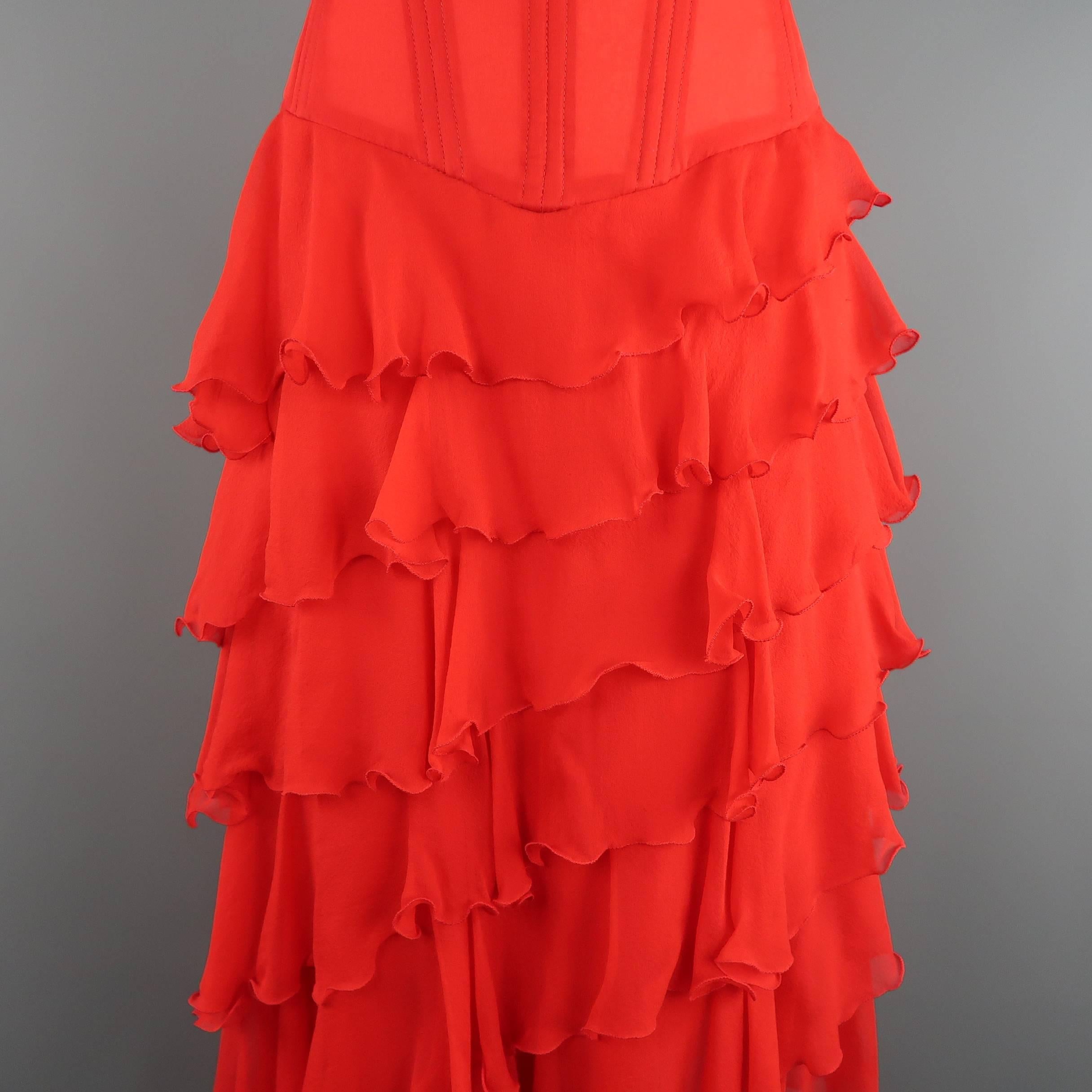 Women's Vicky Tiel Couture Dress - Red Silk Chiffon Asymmetrical Ruffle Corset Cocktail