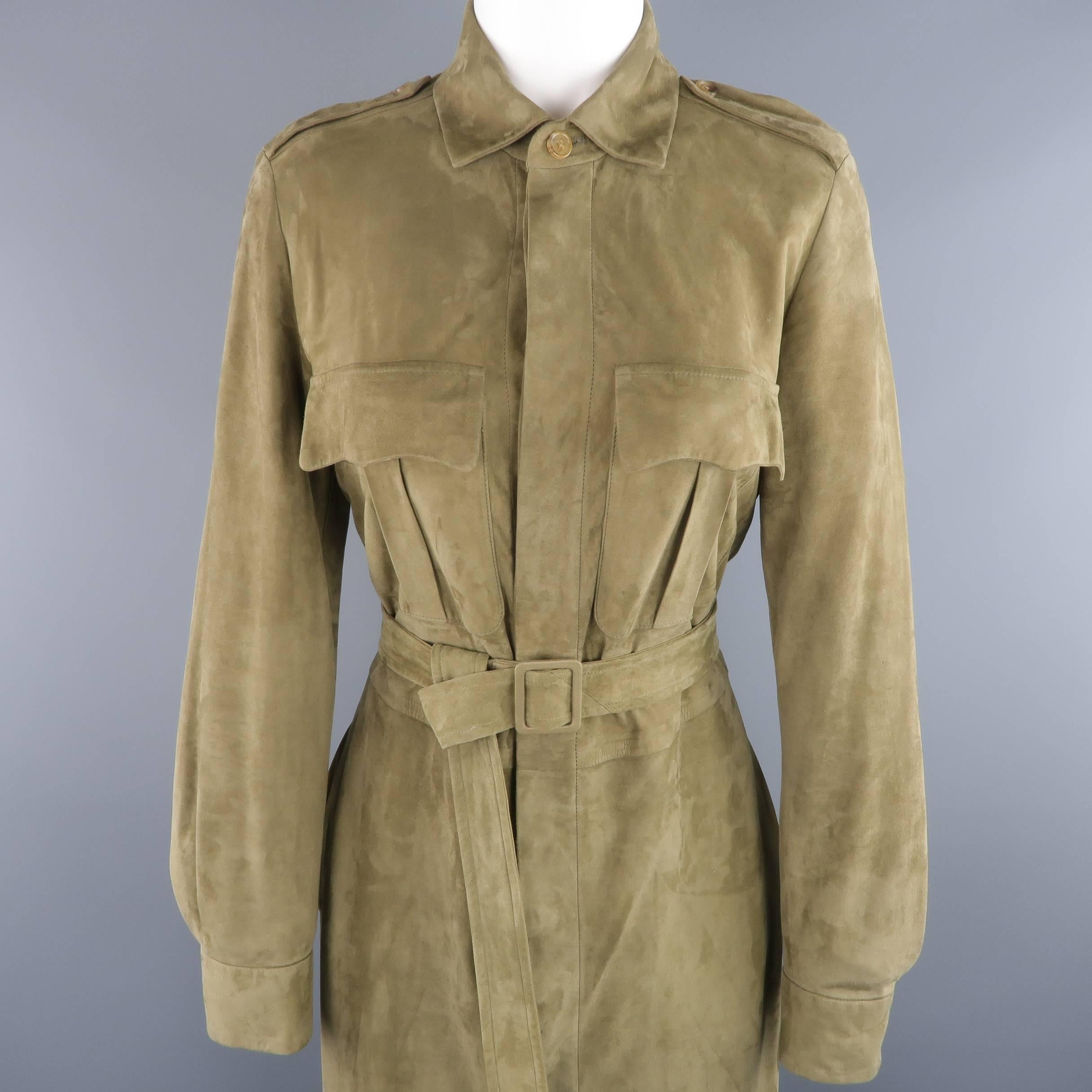 Ralph Lauren Collection safari sheath dress comes in soft olive green sheep skin suede and features a hidden placket button up front, double pleated patch flap pockets, epaulets, button cuff sleeves, and matching canvas buckle belt. Made in Italy. 