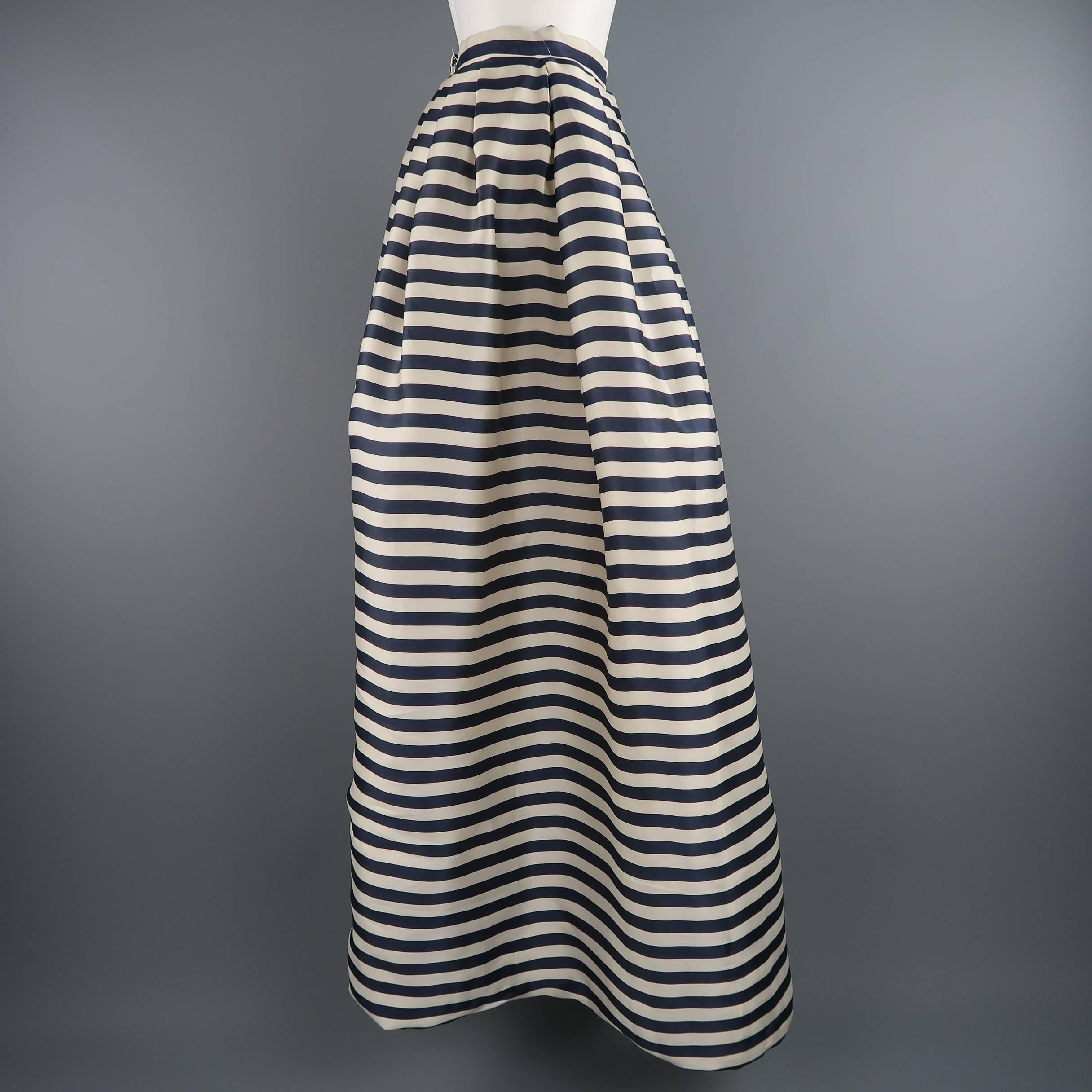 OSCAR DE LA RENTA Skirt Size 6 Cream & Navy Striped Silk Pleated Ball Gown Skirt 1