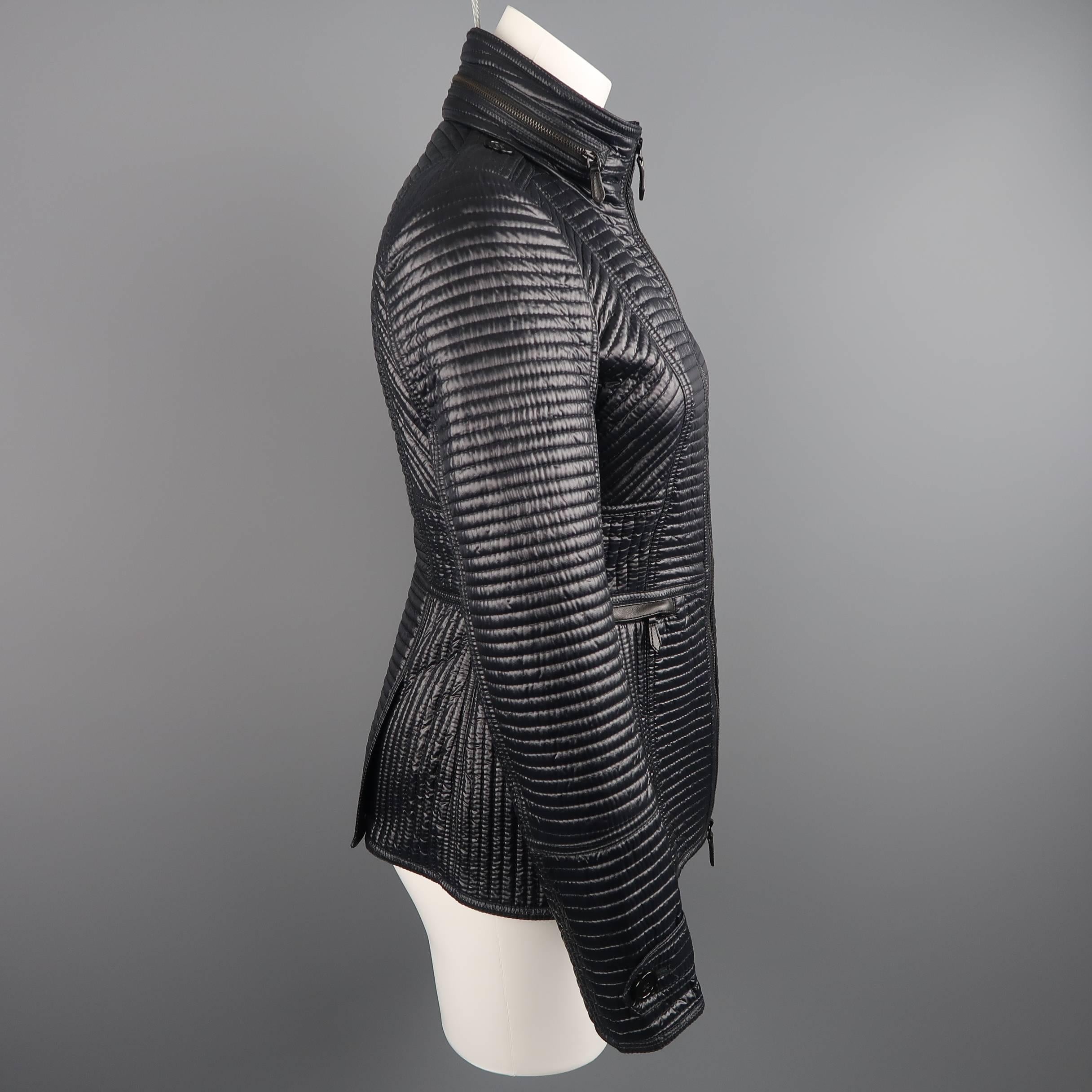 BURBERRY LONDON Size 6 Black Shiny Quilted Tailored High Collar Jacket 1