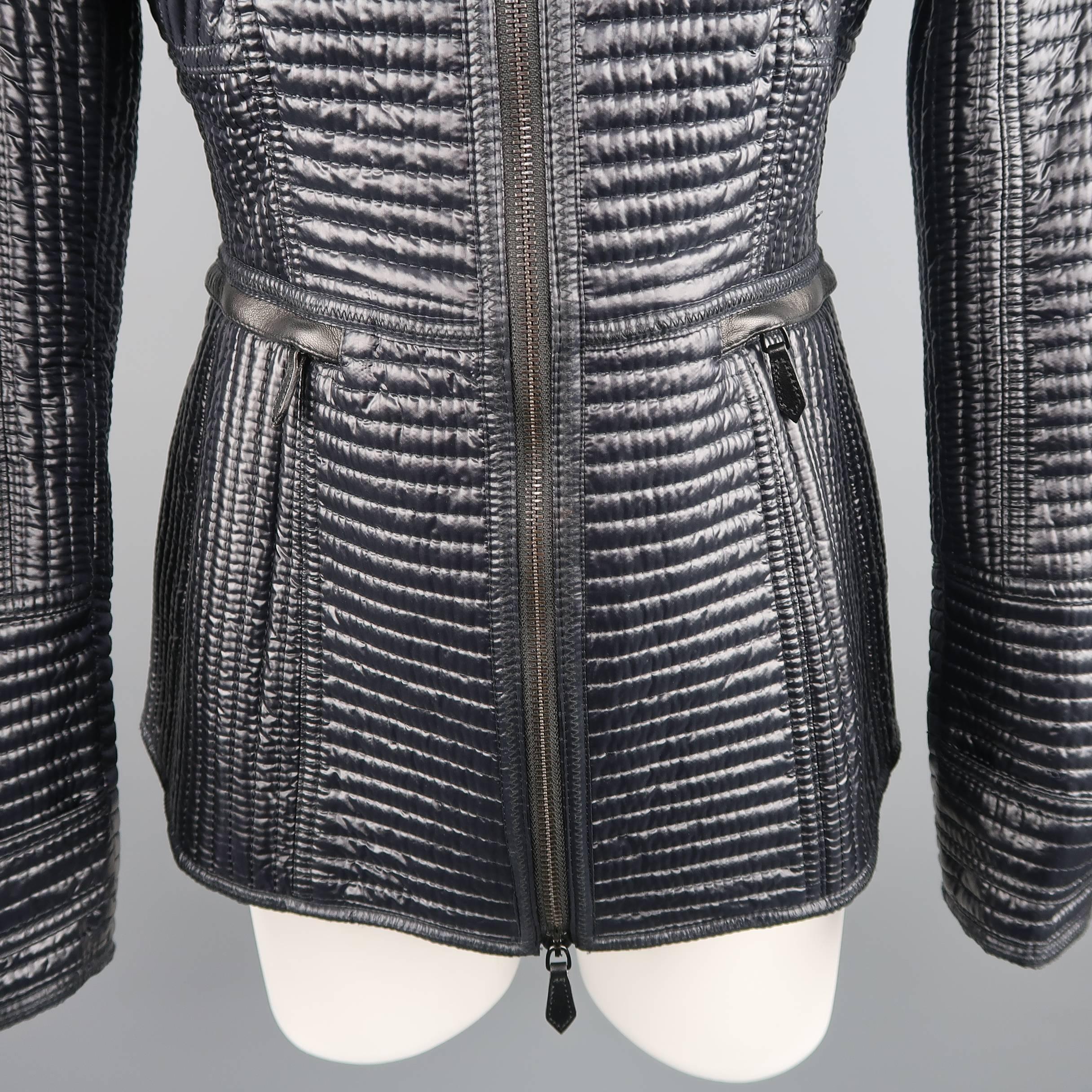 BURBERRY LONDON Size 6 Black Shiny Quilted Tailored High Collar Jacket In Excellent Condition In San Francisco, CA