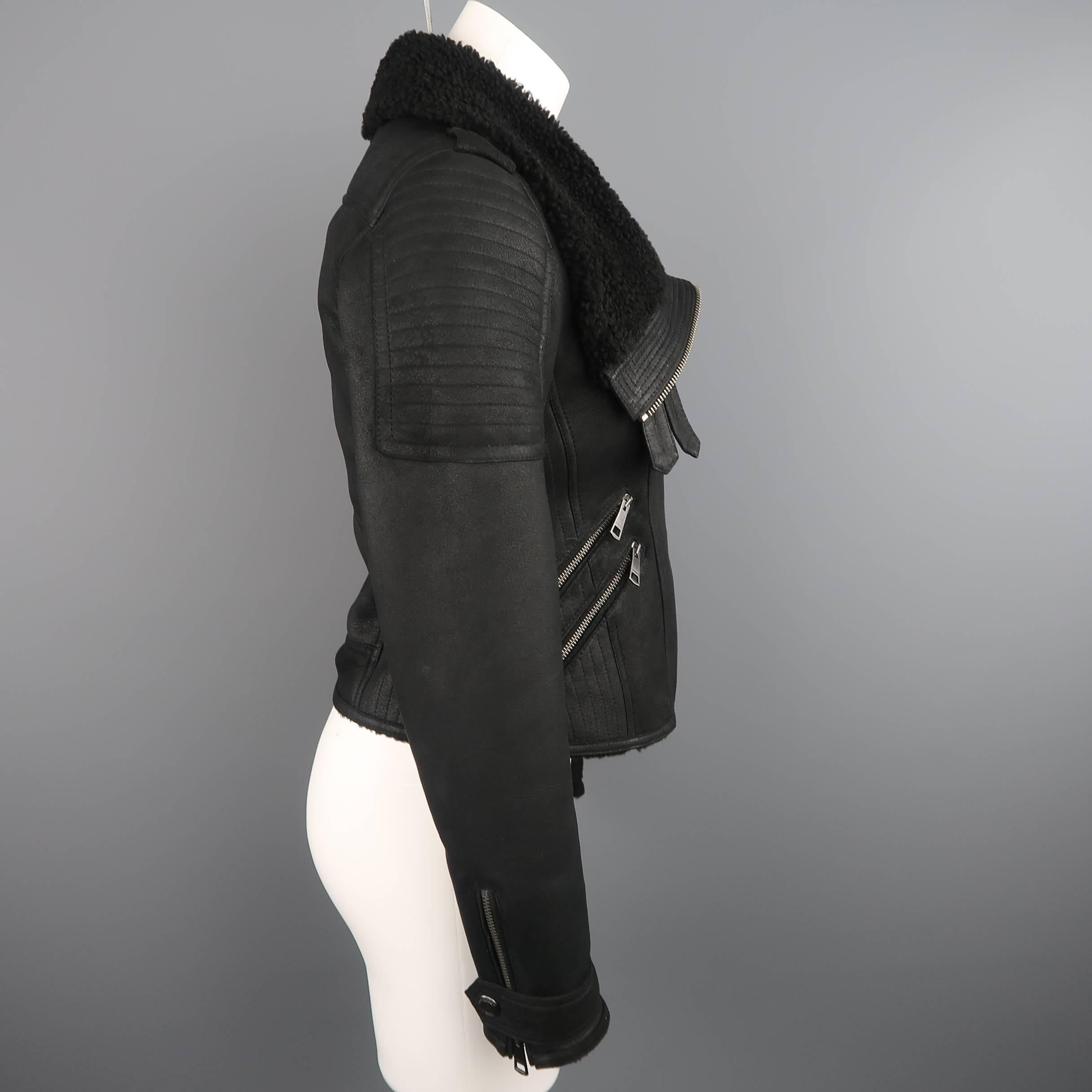 Women's BURBERRY BRIT Size 4 Black Leather Shearling Cropped Biker Jacket