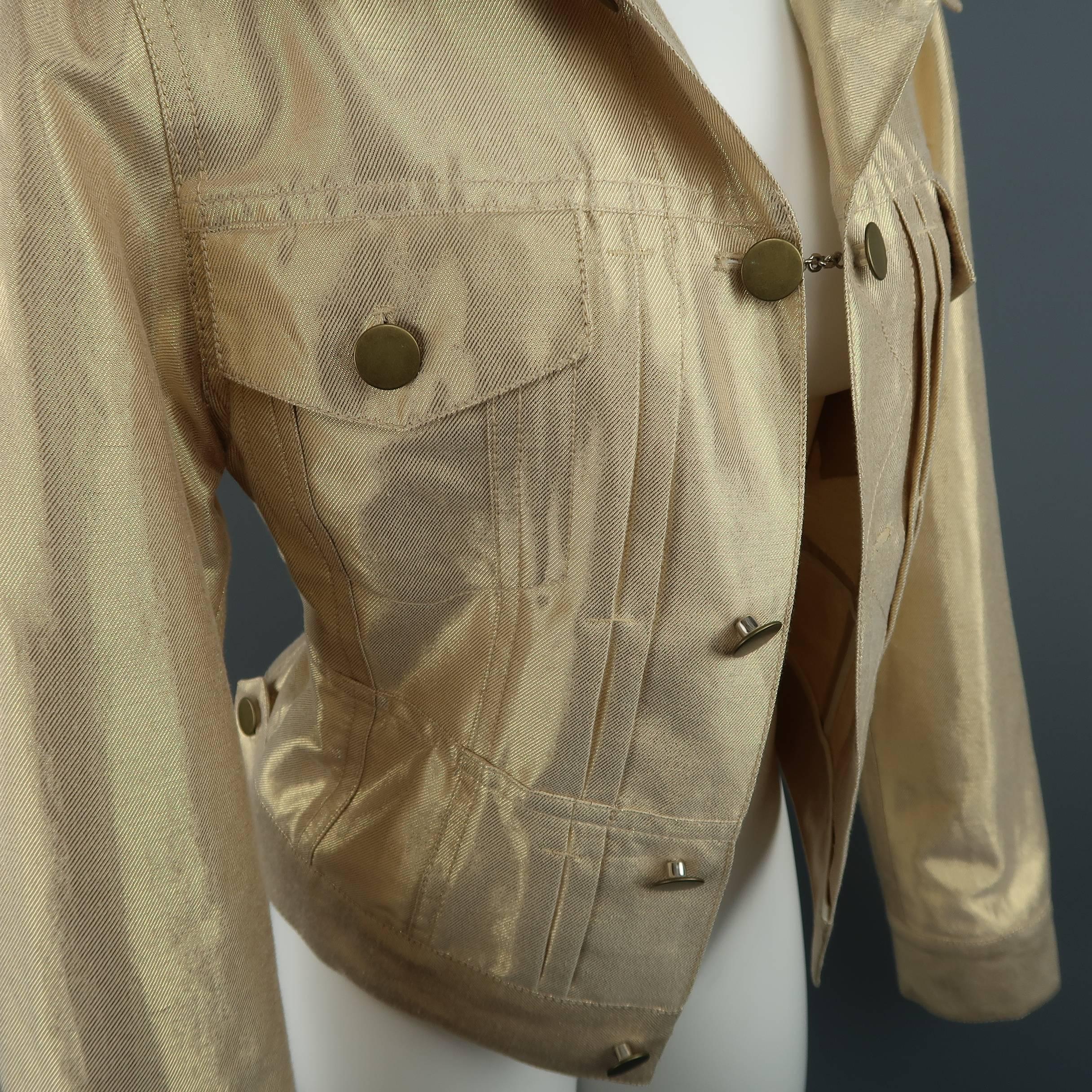 Women's MARC JACOBS Size 8 Metallic Gold Linen Pleated Trucker Jacket
