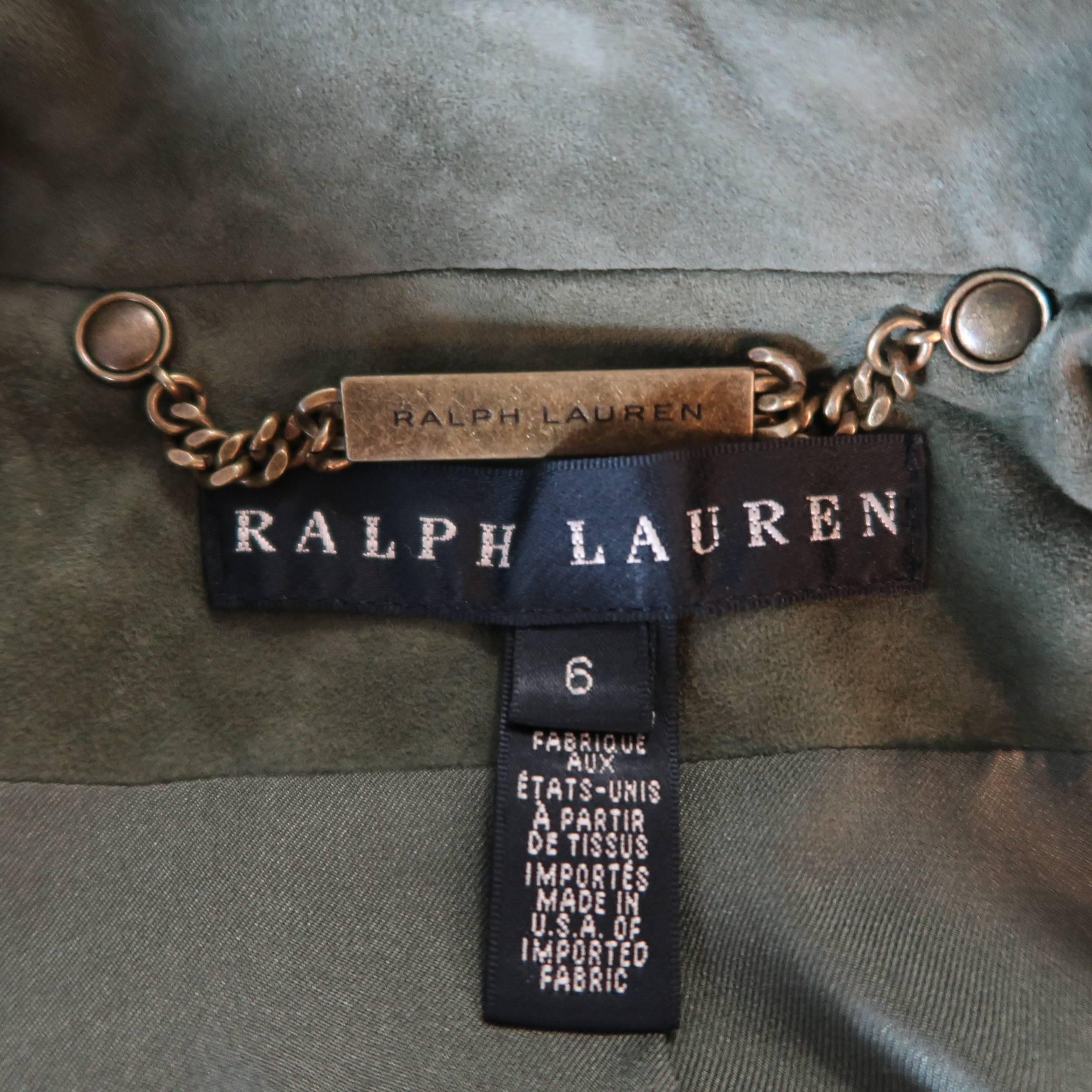 RALPH LAUREN Size 6 Olive Suede Cropped Lace Up Biker Jacket 1